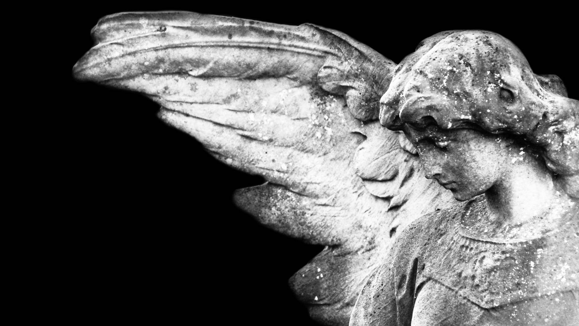 angels 桌布 壁紙 — 一座風化的石天使雕像，展開翅膀，頭部低垂，莊嚴肅穆，背景為純黑色。