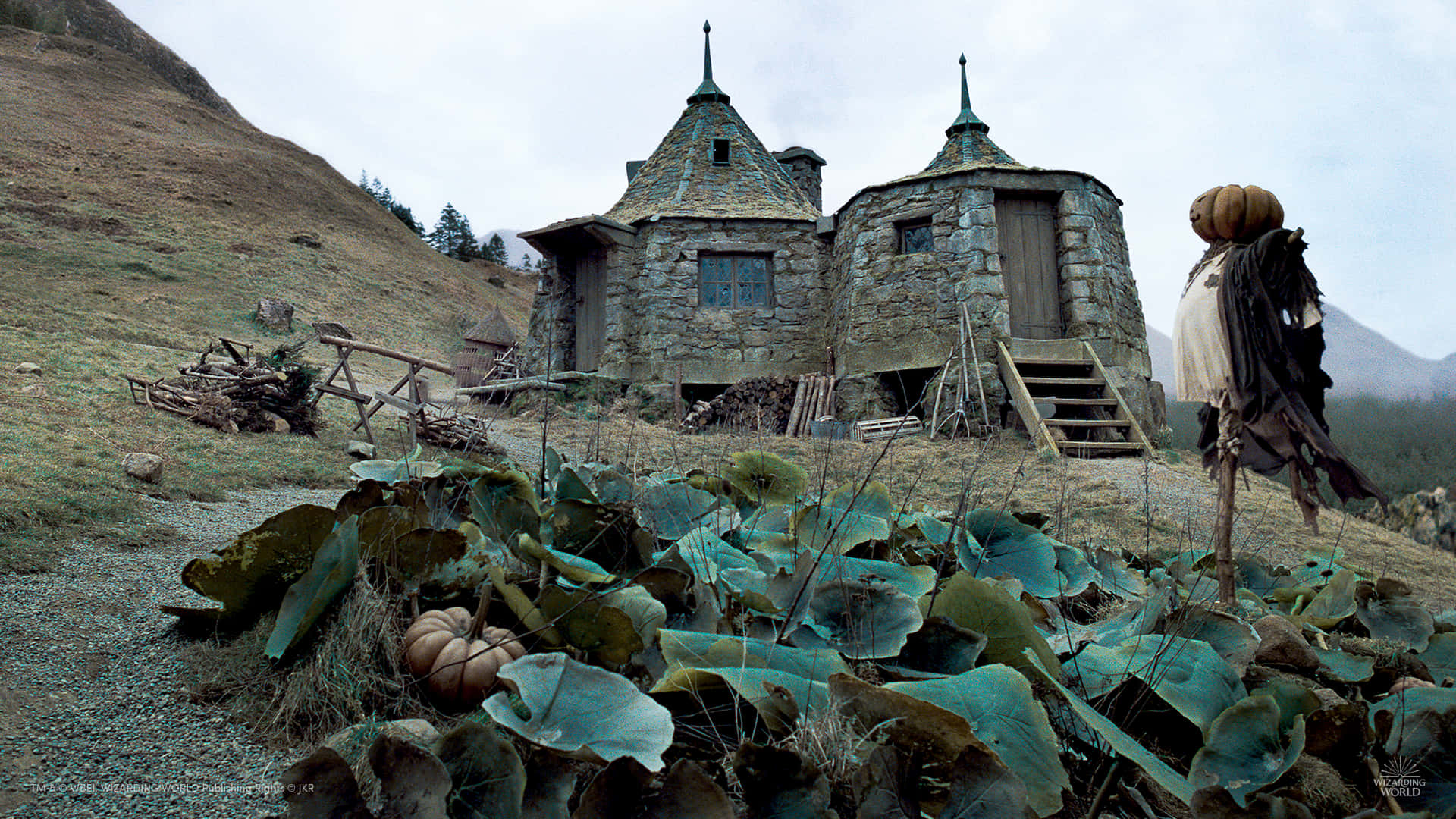 Harry Potter Landscape 桌布 壁紙 — 一座風化的石頭小屋帶有雙塔，坐落於山坡上，周圍環繞著南瓜和大片綠葉，天空多雲。
