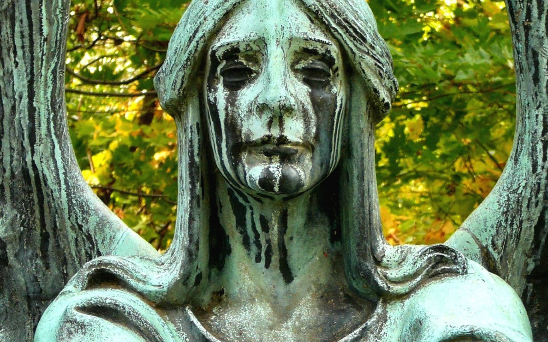 Sculpture 桌布 壁紙 — 一座風化的青銅哭泣天使雕像，以樹幹為框，背後有鮮綠的樹葉。