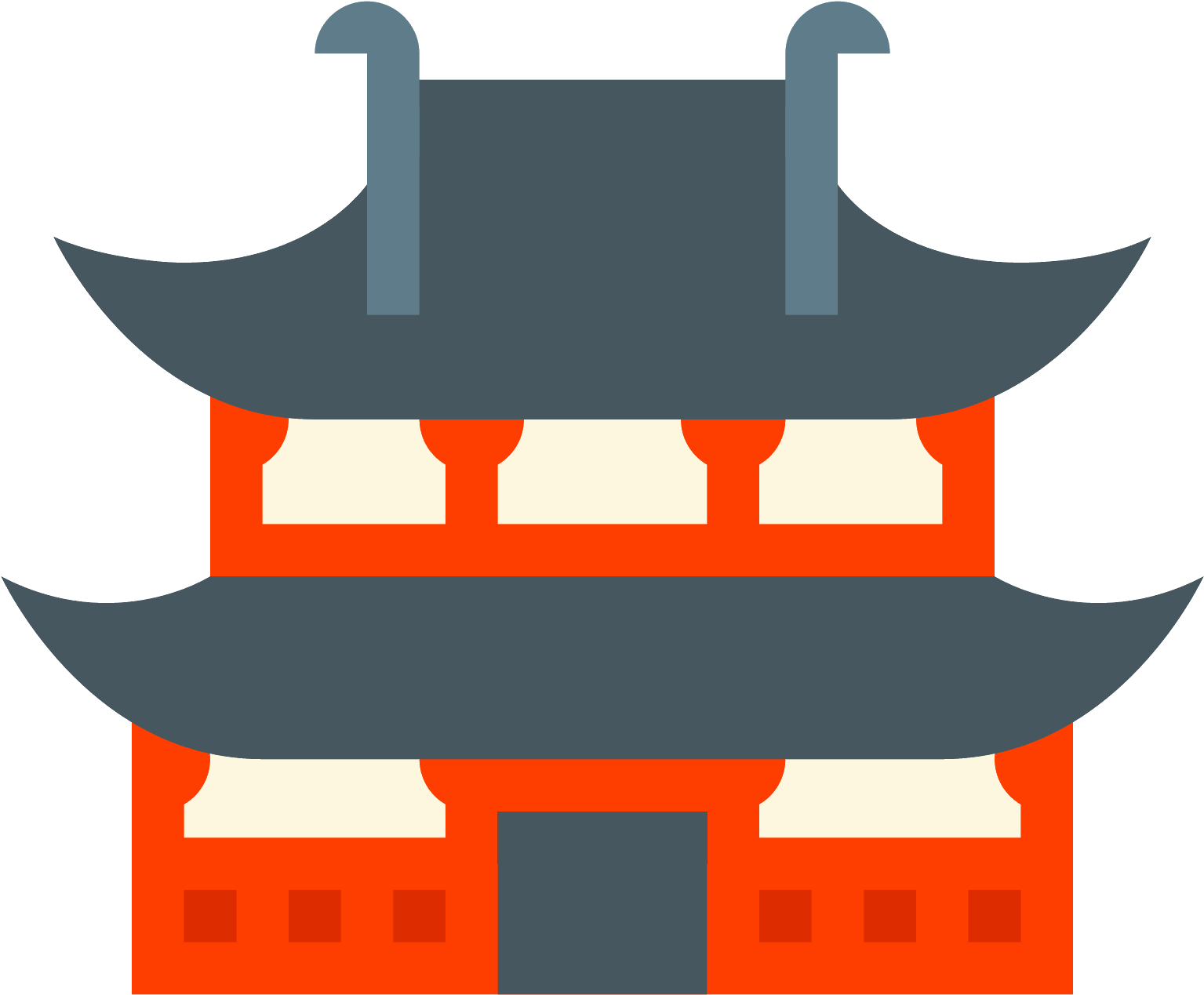 廟宇 桌布 壁紙 — 一座風格化的傳統日本寶塔，帶有分層灰色屋頂和鮮豔橙色牆壁，背景為黑色。