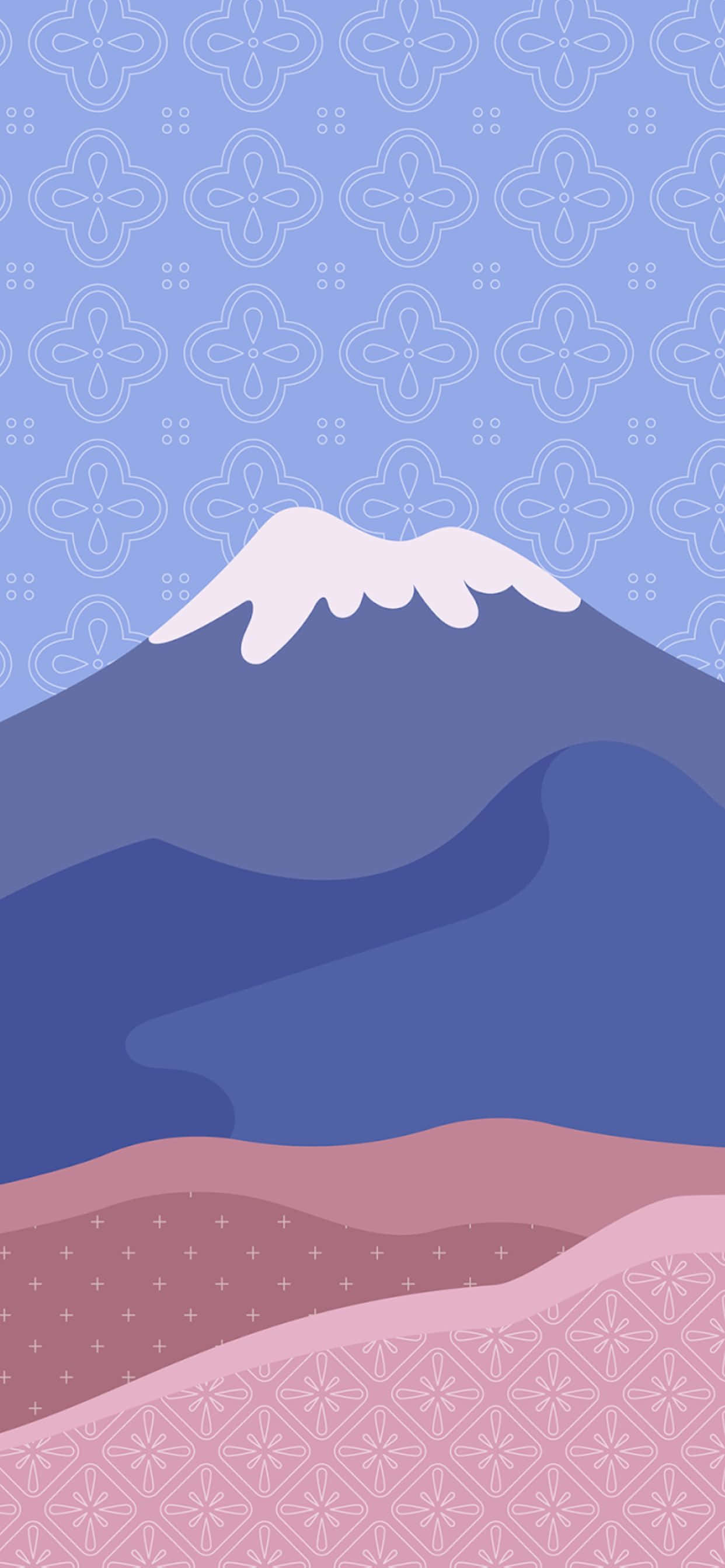 Minimalist Phone 桌布 壁紙 — 一座風格化的山峰，頂部積雪，在淺藍色天空下，聳立於帶圖案的粉紅和藍色層之上。