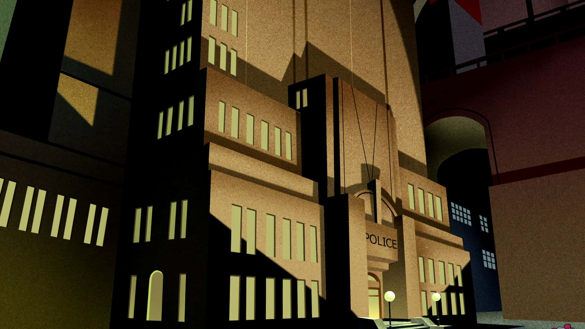 Gotham City Police Department 桌布 壁紙 — 一座風格化的數位藝術警察局建築，沐浴在戲劇性的黃金時刻光線中，帶有銳利的幾何陰影。