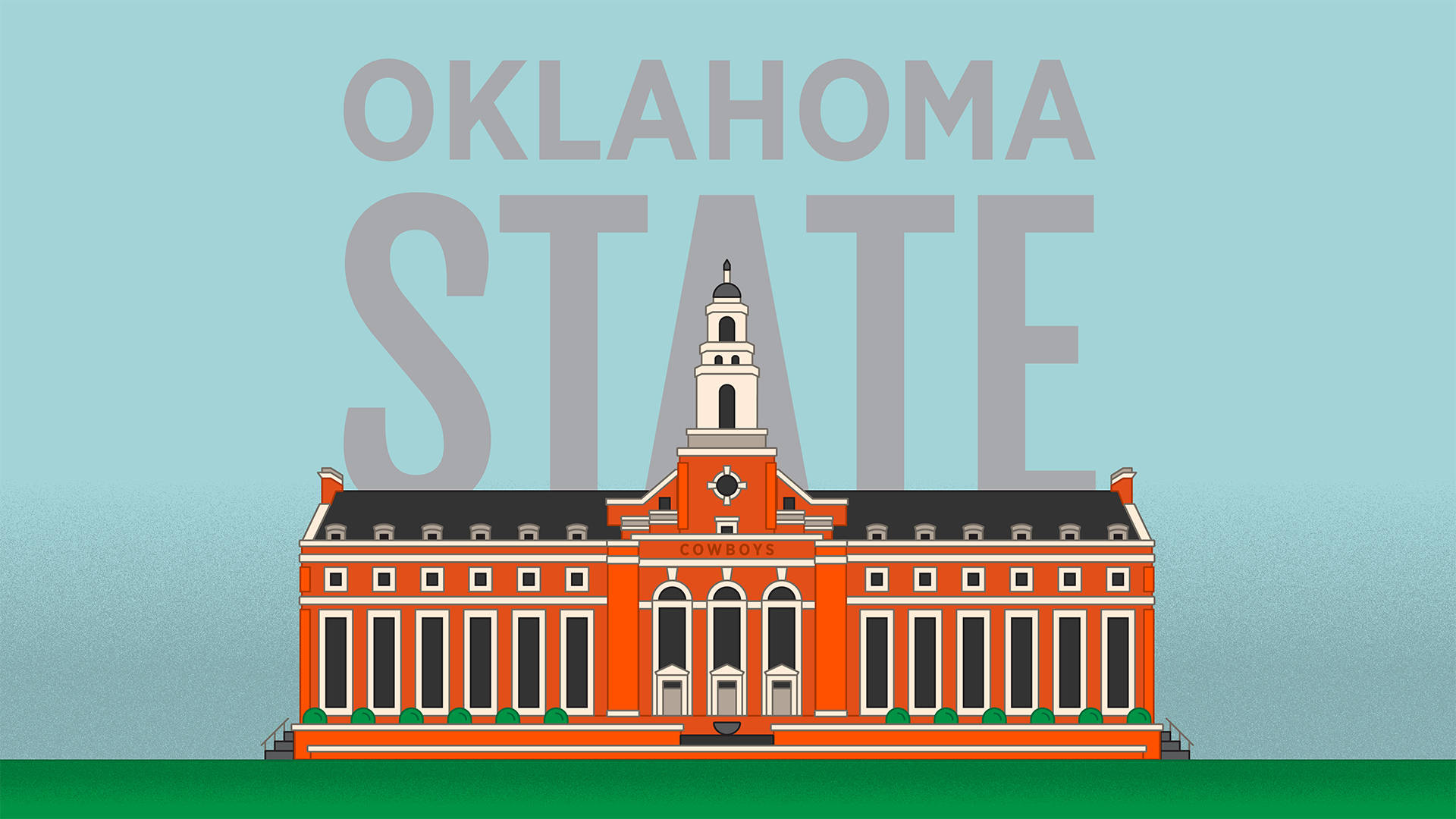 Oklahoma 桌布 壁紙 — 一座風格化的橙色磚建築，帶有「COWBOYS」標誌和鐘樓，矗立在淺藍色天空下的大型「OKLAHOMA STATE」文字下方。