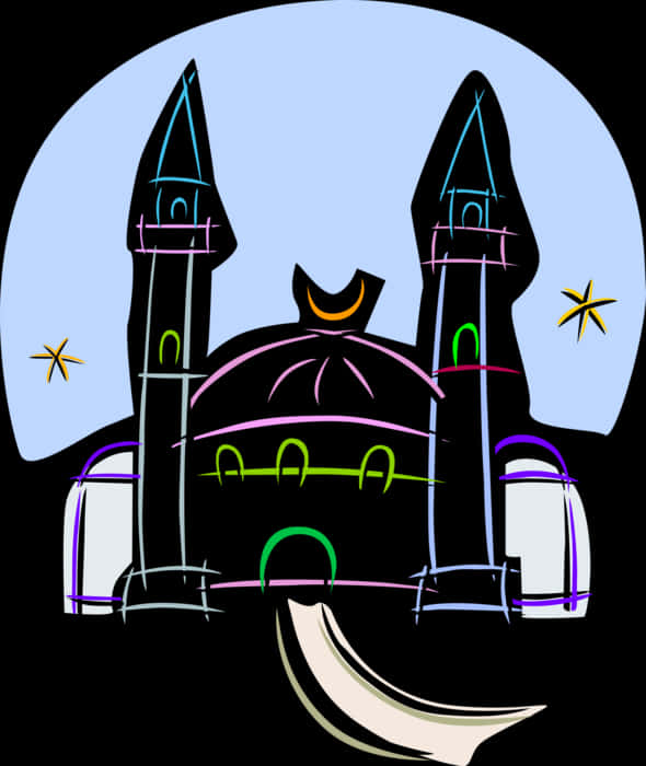 Mosque 桌布 壁紙 — 一座風格化的清真寺，有兩個宣禮塔和新月，在淺藍色的天空下，有星星。