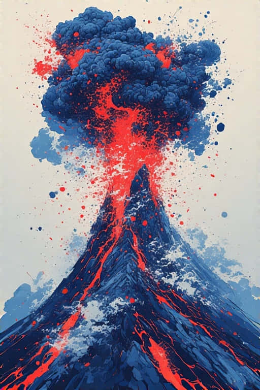 Stunning Volcanic Eruption in Ukiyo 4K 壁紙 — 一座風格化的火山在淡色背景前噴發，帶有鮮紅色的熔岩和深藍色的煙霧。