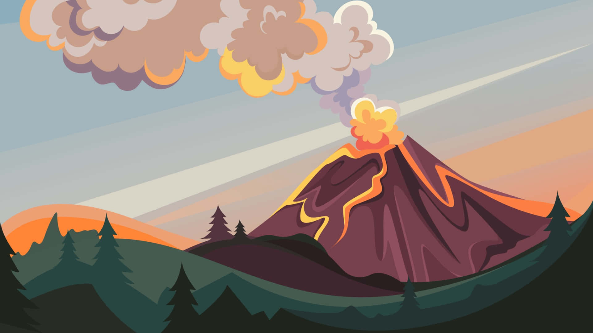 Volcano 桌布 壁紙 — 一座風格化的火山爆發，噴出熾熱的熔岩和滾滾濃煙，背景是松樹林上空的日落天空。