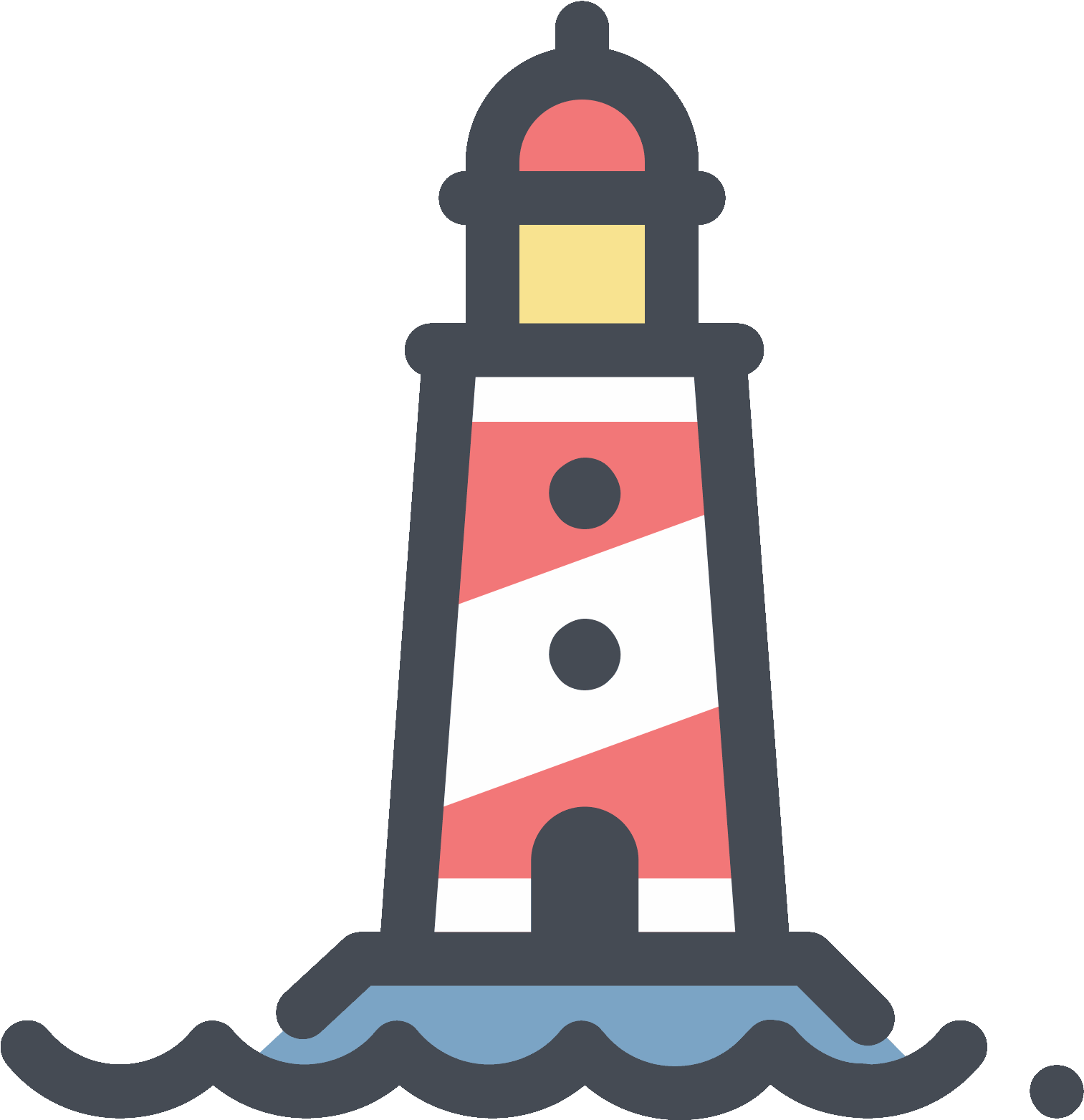Lighthouse 桌布 壁紙 — 一座風格化的燈塔，帶有紅白條紋，立於岩石底座上，在藍色波浪中，背景為黑色。