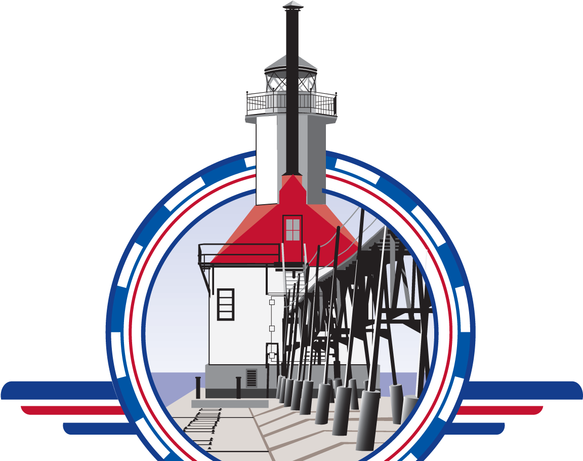 Lighthouse 桌布 壁紙 — 一座風格化的燈塔，紅色屋頂和白色塔樓，矗立在碼頭上，周圍環繞著愛國藍、紅、白圓形邊框。