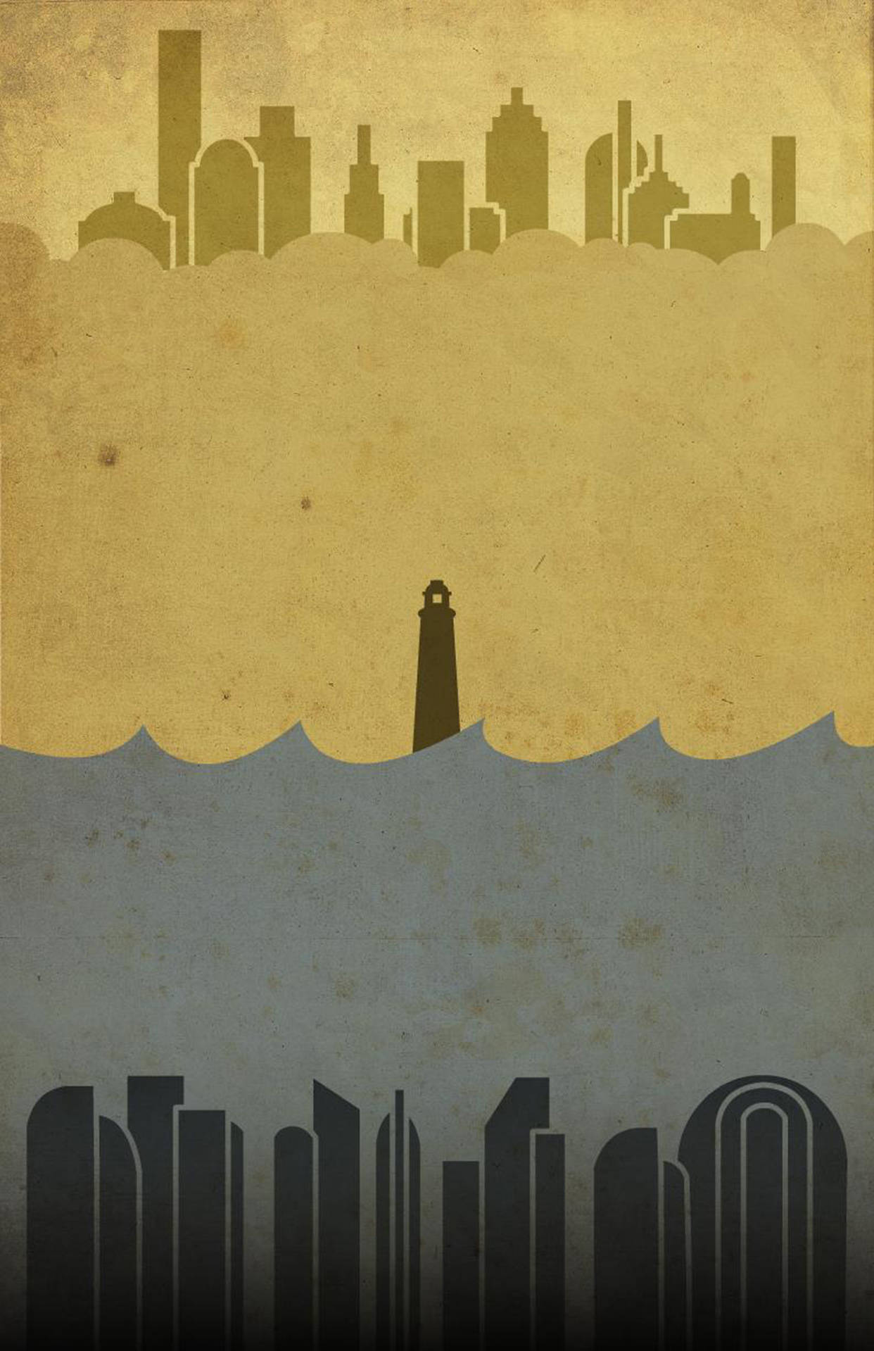 Bioshock Infinite iPhone 桌布 壁紙 — 一座風格化的燈塔矗立在兩個鏡像城市天際線之間，上方是紋理豐富的金色天空。