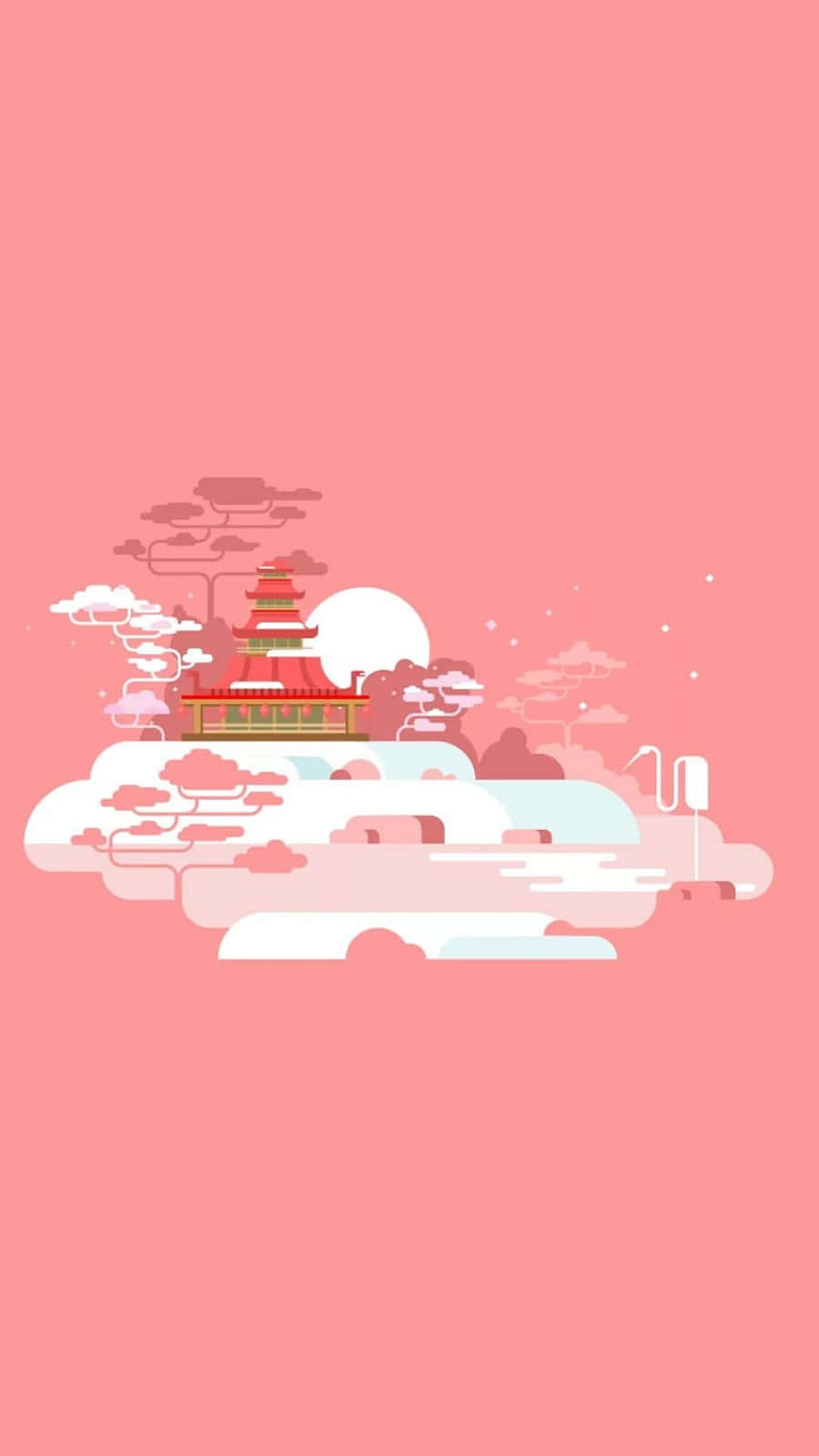 藝術 桌布 壁紙 — 一座風格化的紅色寶塔漂浮在雲端上，背景是柔和的粉紅色天空，有滿月和櫻花。