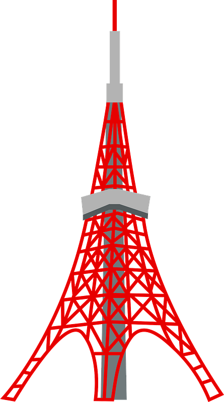 東京 桌布 壁紙 — 一座風格化的紅色東京鐵塔，帶有灰色點綴，在柔和的青綠色背景上高高聳立。