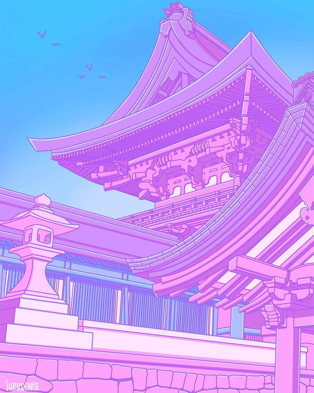 柔和美學 桌布 壁紙 — 一座風格化的紫色日本寺廟，擁有彎曲的屋頂和石燈籠，在晴朗的藍天下有飛鳥。