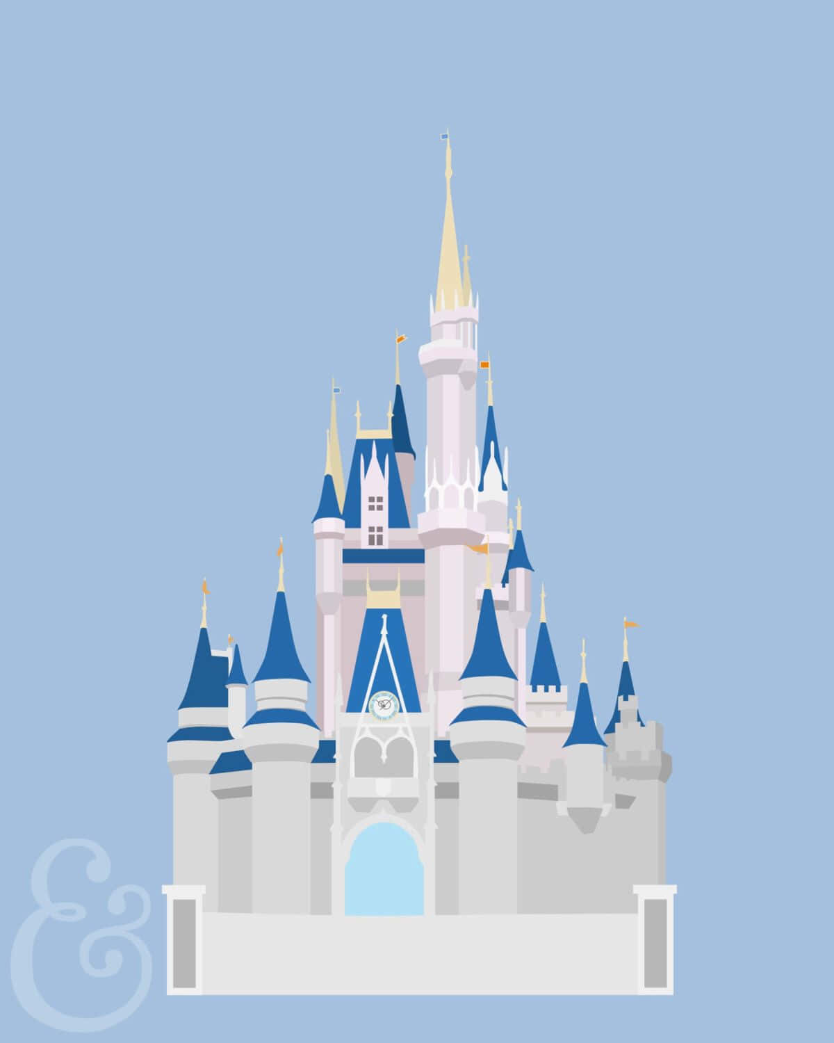 Disney Castle 桌布 壁紙 — 一座風格化的迪士尼城堡，藍色屋頂和金色尖塔，在柔和的藍天下高聳入雲。