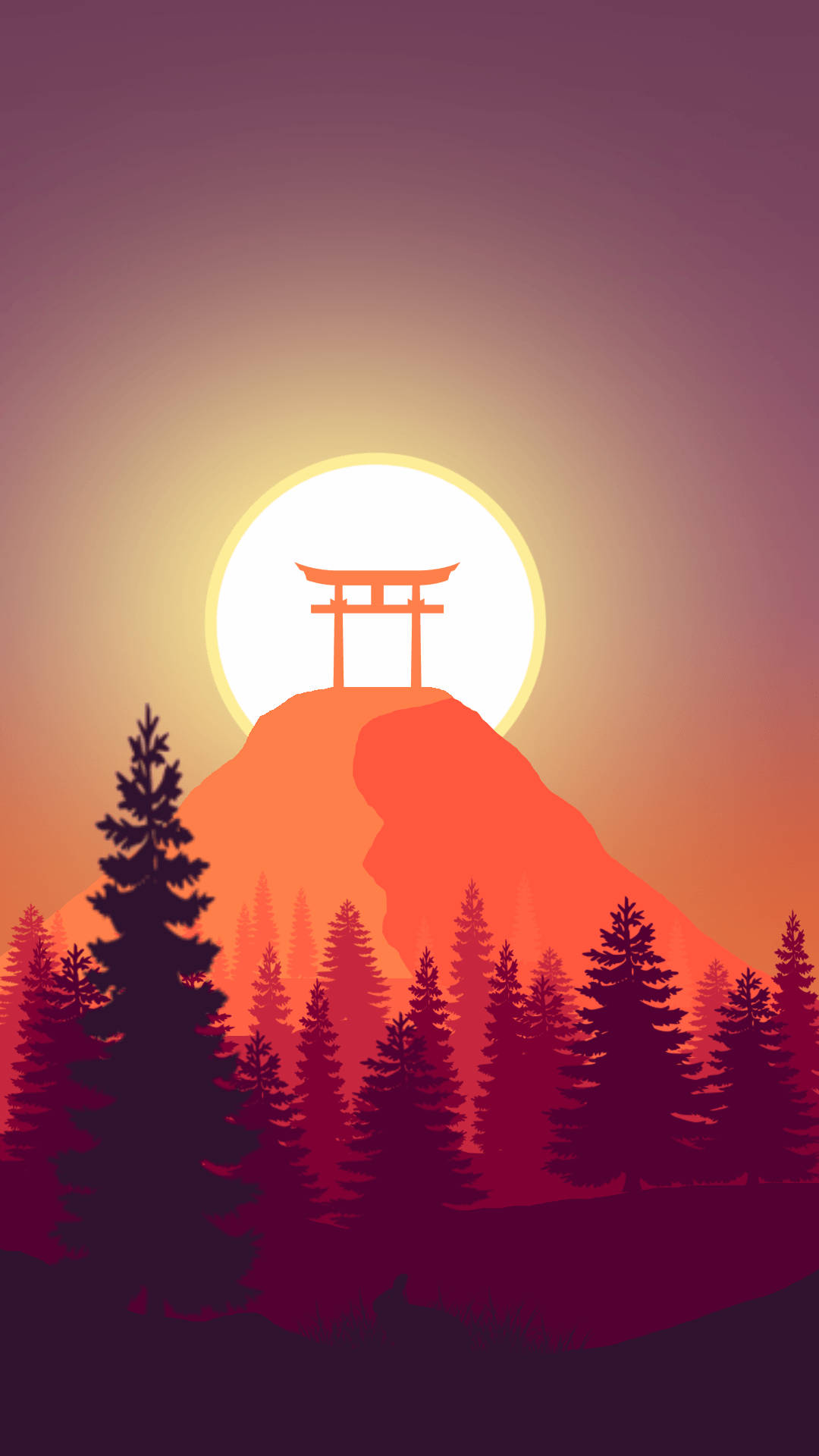 山景 桌布 壁紙 — 一座風格化的鳥居剪影矗立在山頂上，背景是耀眼的日落，下方有松樹。