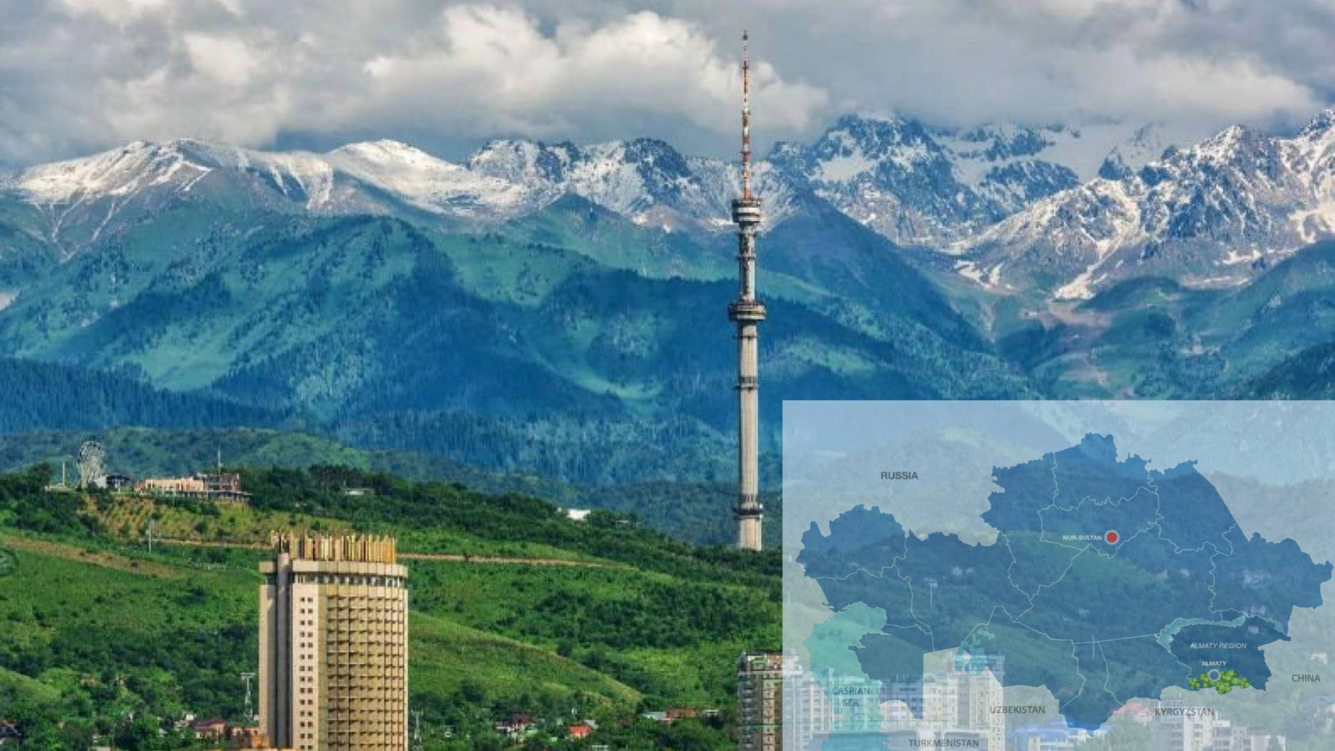 Kazakhstan 桌布 壁紙 — 一座高塔聳立在綠色山丘之上，背景是白雪覆蓋的山脈，並有地圖疊加顯示中亞的一個位置。