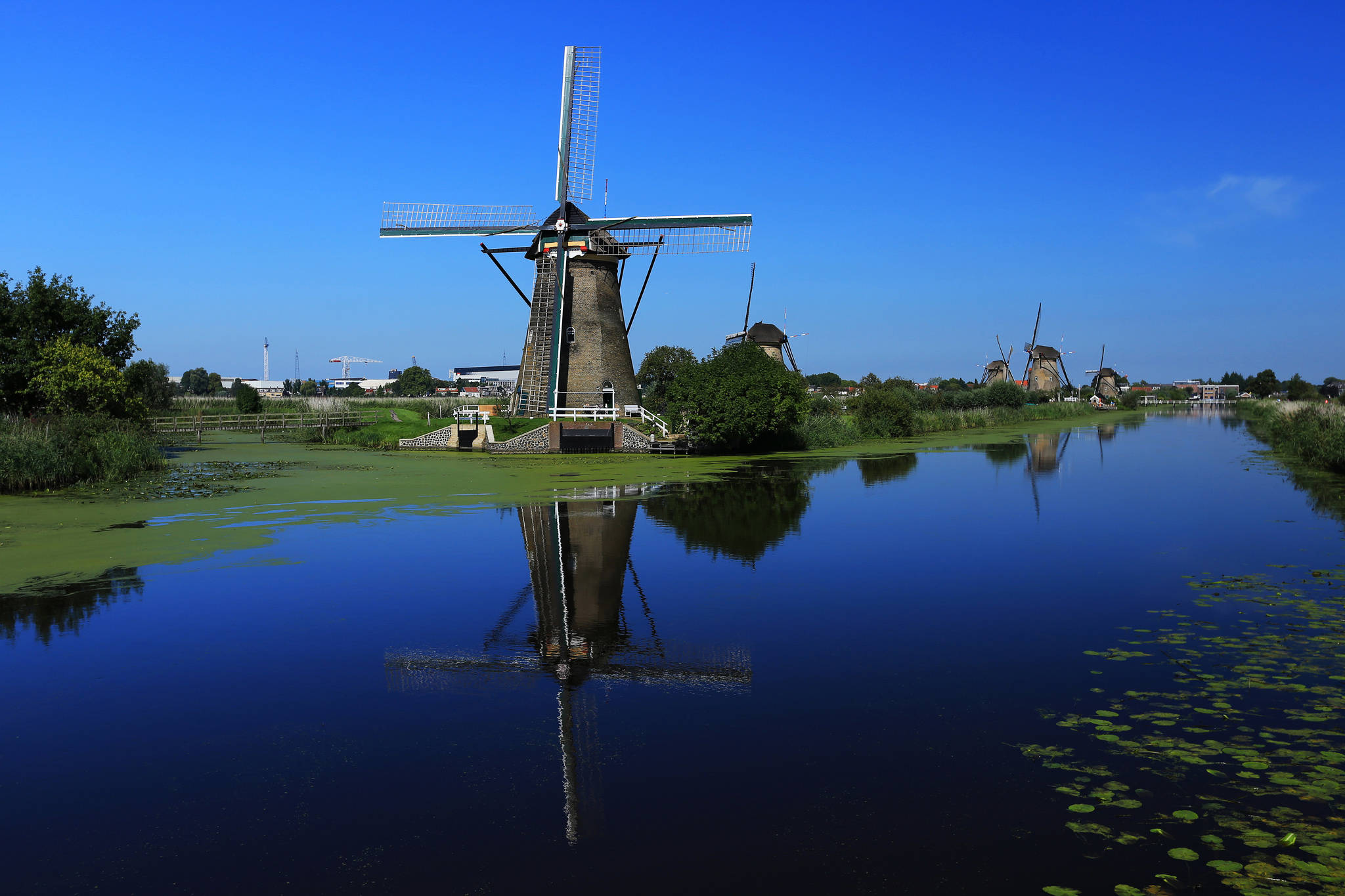 Netherlands 桌布 壁紙 — 一座高大的木製風車矗立在平靜的運河旁，在清澈的藍天下倒映著它的身影，附近漂浮著綠色的睡蓮葉。