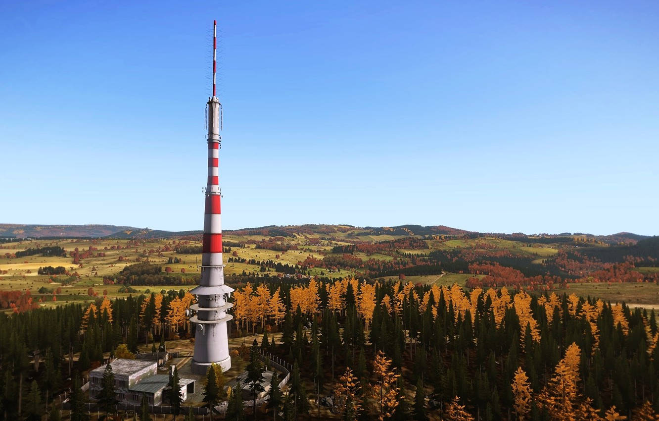 DayZ 桌布 壁紙 — 一座高大的紅白相間廣播塔矗立在金色和綠色樹木的森林中，在清澈的藍天下。
