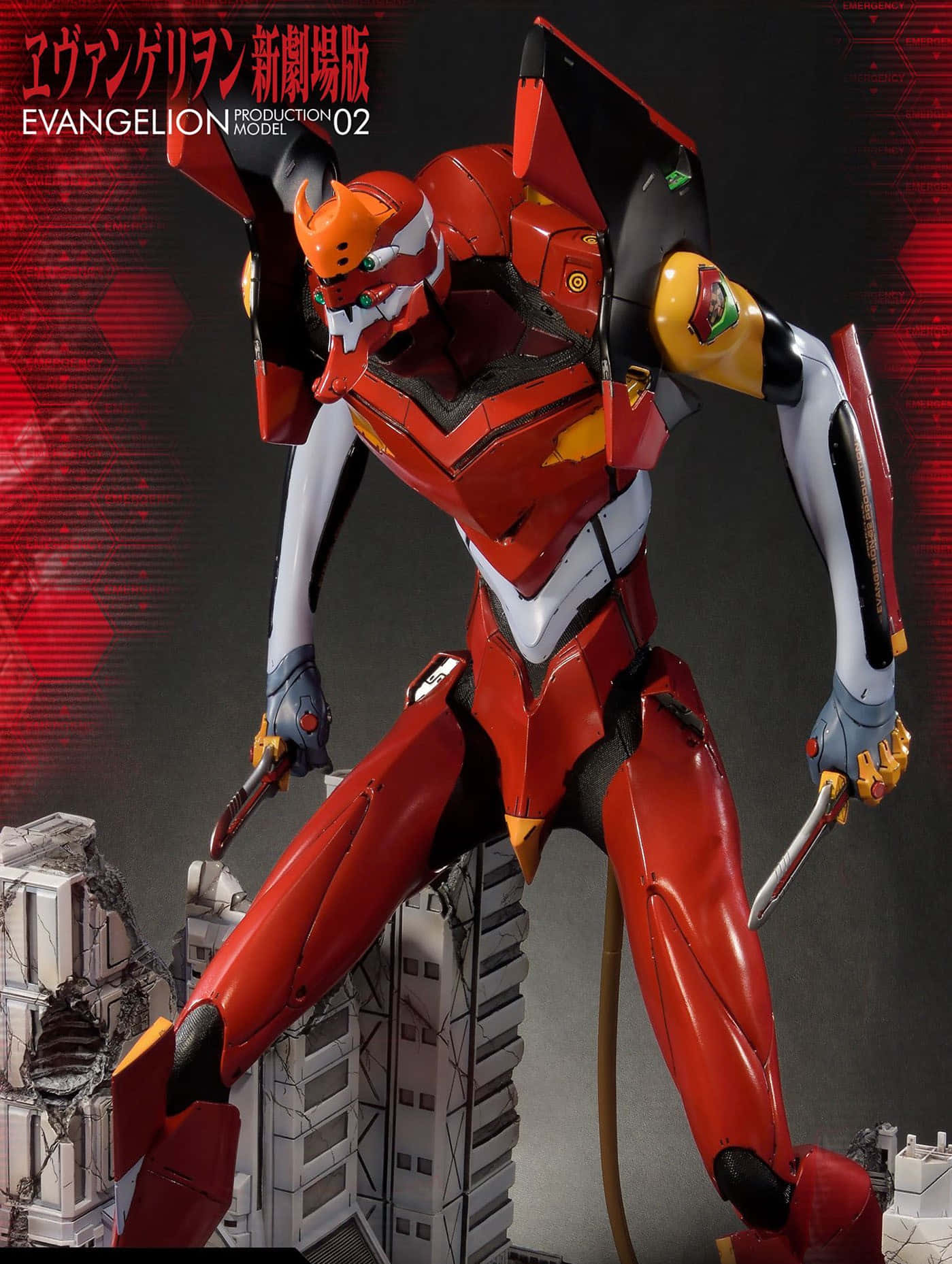 Eva-02 桌布 壁紙 — 一座高大的紅色 Evangelion Unit-02 矗立在破碎的城市廢墟中，在戲劇性的紅光下手持兩把刀。