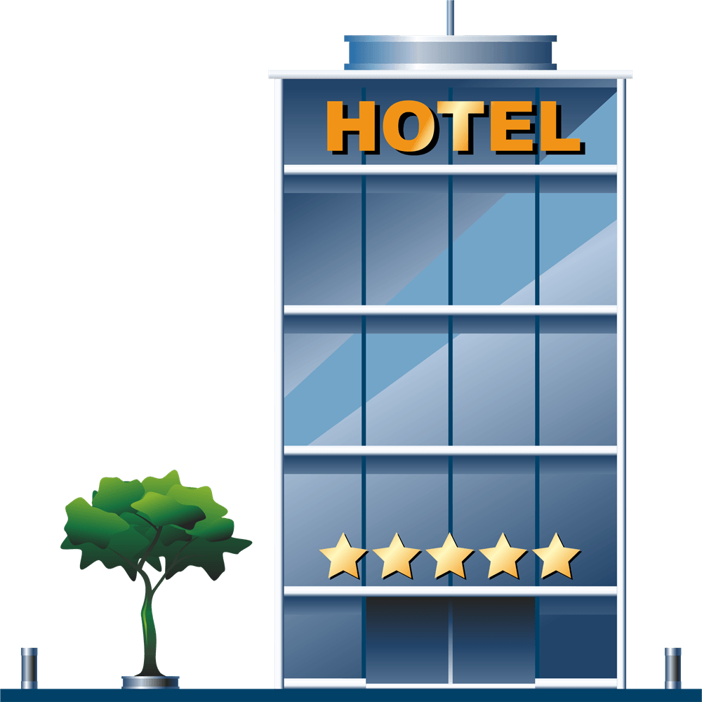 Five Star 桌布 壁紙 — 一座高大的藍色玻璃酒店建築，帶有金色「HOTEL」標誌和五顆星，底部旁邊有一棵綠樹。