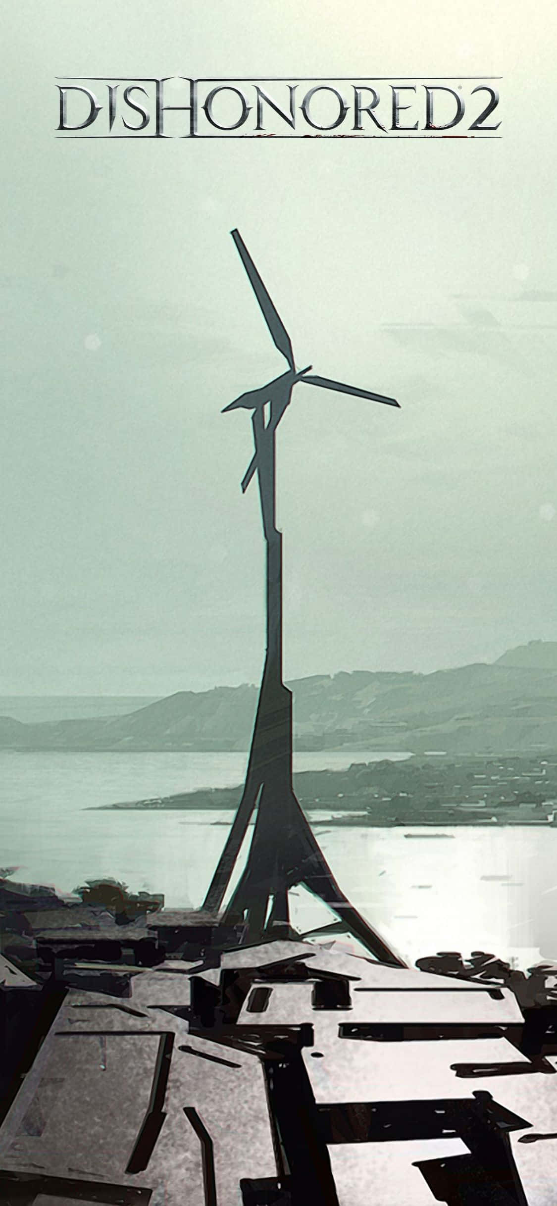 windmill 桌布 壁紙 — 一座高大的風車在沉悶的天空下矗立，俯瞰著一個屋頂破損、遠山連綿的海濱小鎮。
