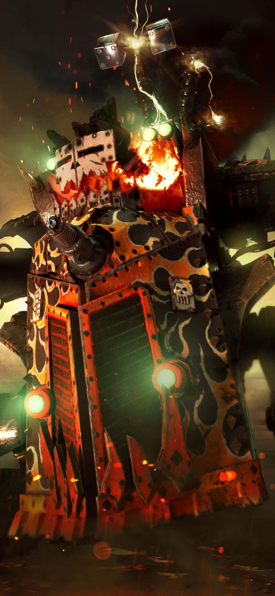 Battlefield 桌布 壁紙 — 一座高聳、噴火的戰爭機器，帶有發光的眼睛和骷髏標誌，在暴風雨的天空下咆哮穿過黑暗的戰場。