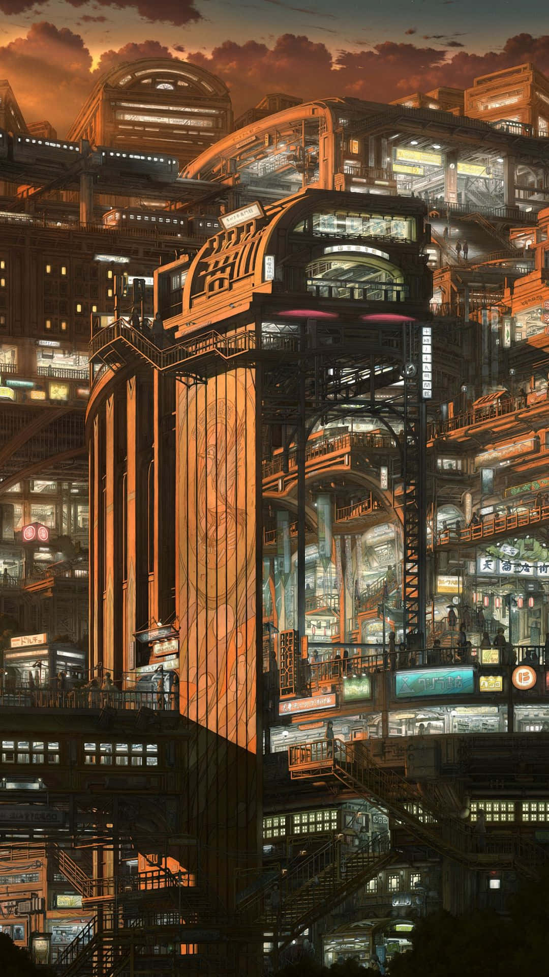動漫 桌布 壁紙 — 一座高聳、層次複雜的賽博龐克城市景觀，沐浴在溫暖的日落色調中，帶有發光的霓虹燈招牌和懸空走道。