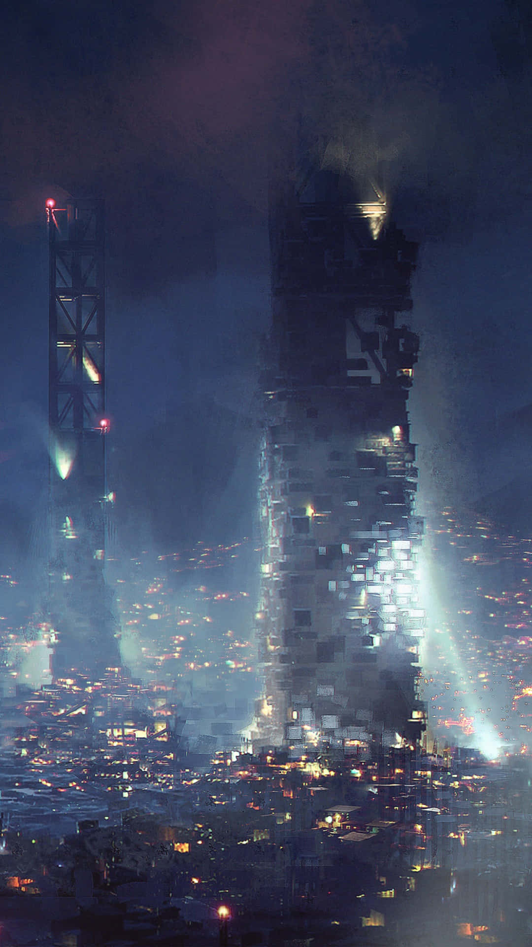 Android Deus Ex Mankind Divided 桌布 壁紙 — 一座高聳、破碎的摩天大樓在煙霧瀰漫的夜空下，在廣闊的城市景觀上方閃爍著像素化的燈光。