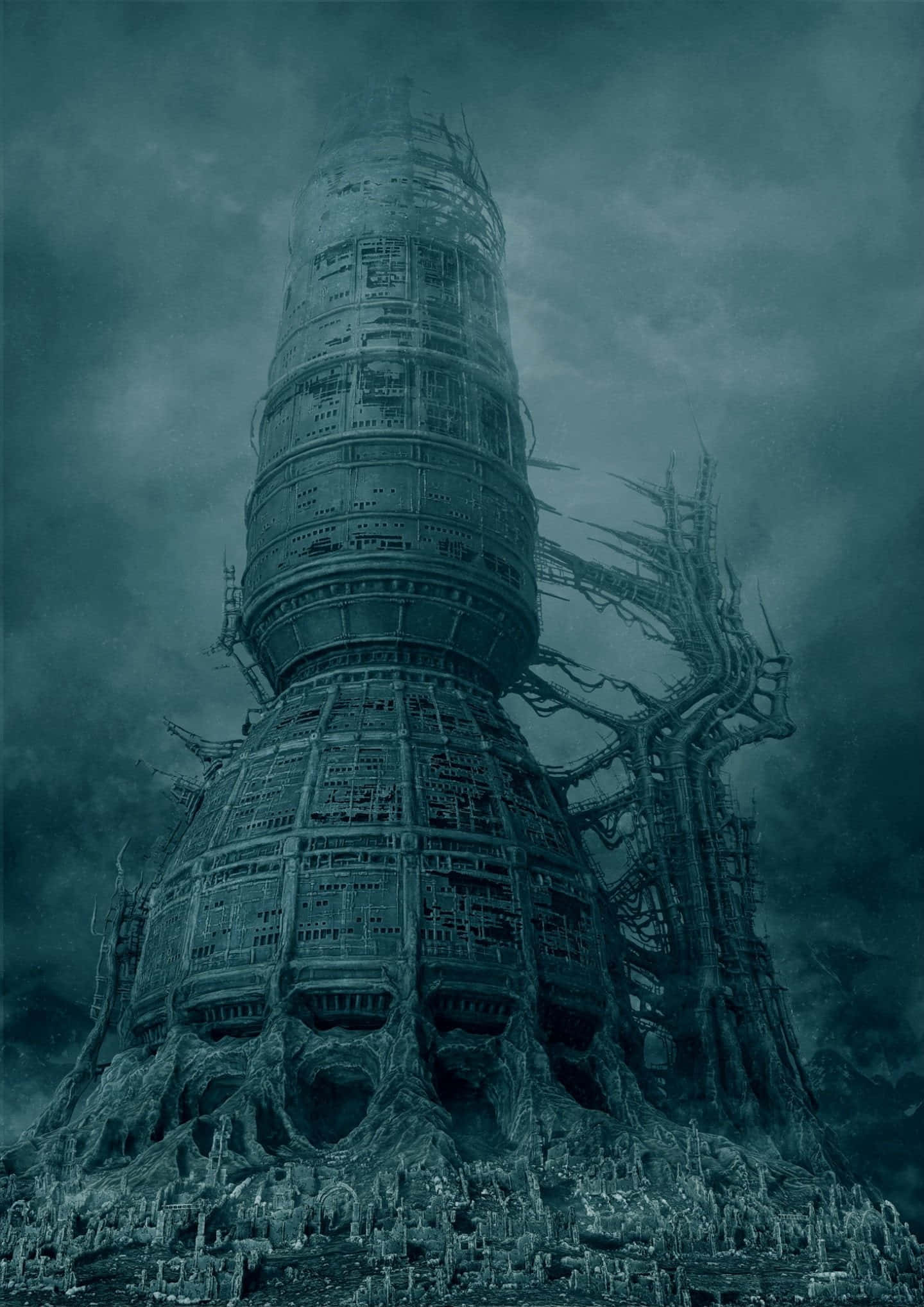 Dark Tower 桌布 壁紙 — 一座高聳、腐朽的未來主義建築從霧氣瀰漫的廢墟中升起，籠罩在陰鬱的青綠色天空下。