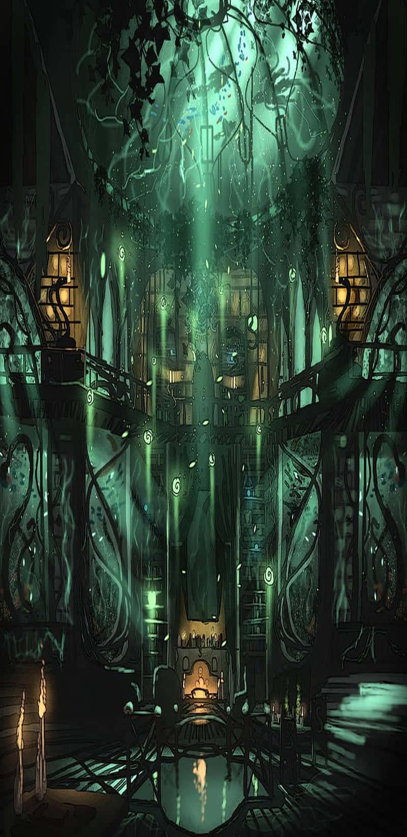 Slytherin Phone 桌布 壁紙 — 一座高聳、長滿苔蘚的哥德式大教堂，沐浴在發光藤蔓和燈籠散發的詭異綠光中。
