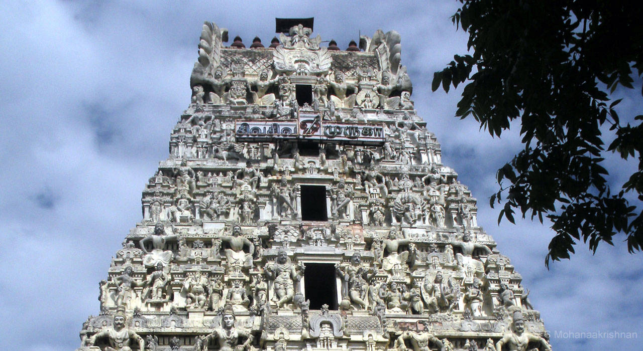 Hindu Temple 桌布 壁紙 — 一座高聳、雕刻精美的石廟塔樓（gopuram）在樹枝框住的陰天天空襯托下矗立。