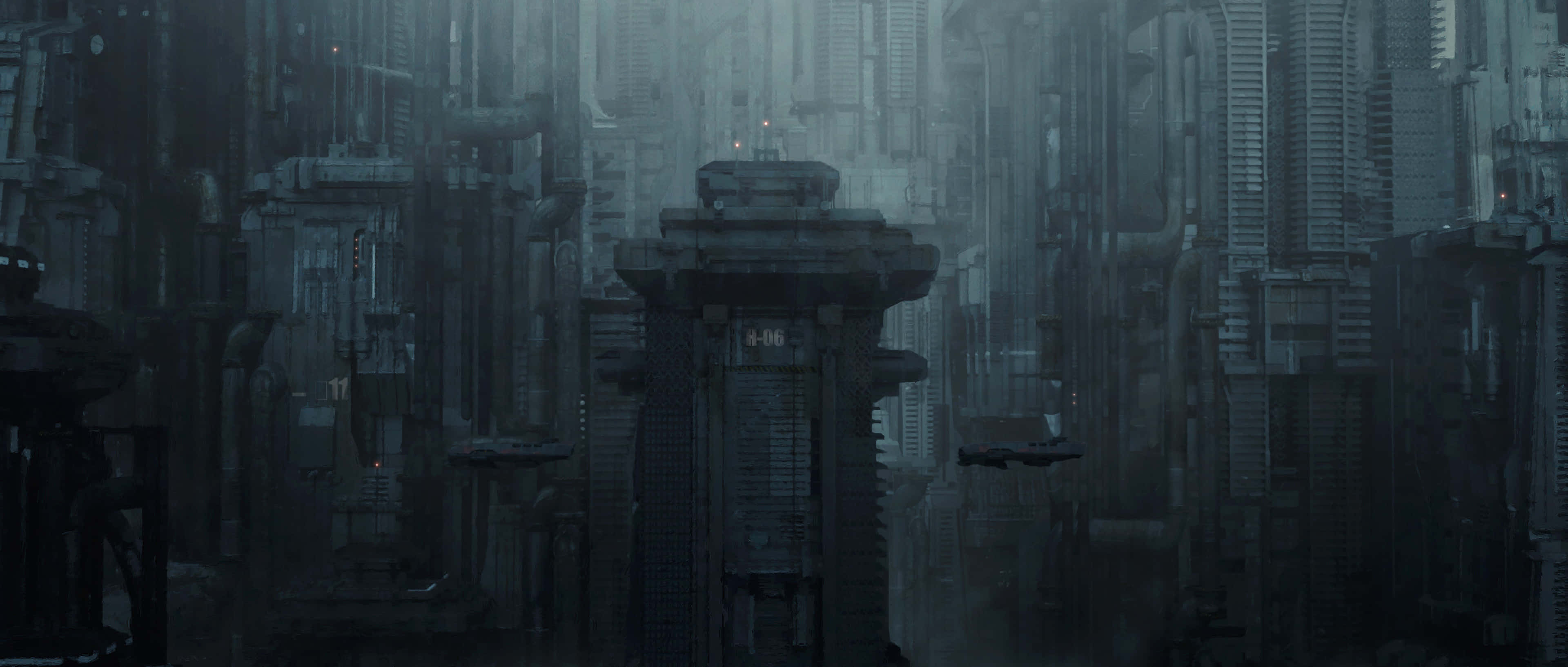 Dark Dystopian 桌布 壁紙 — 一座高聳入雲、被雨水浸濕的賽博龐克城市景觀，籠罩在迷霧中，霓虹招牌在陰暗處隱約發光。