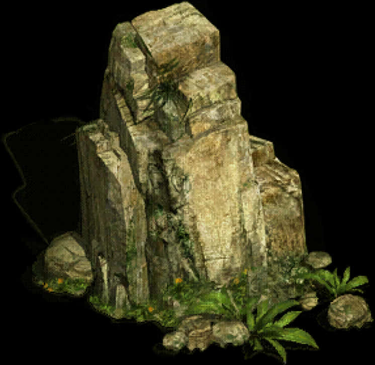 The Rock 桌布 壁紙 — 一座高聳崎嶇的岩石形成，其風化表面上長滿苔蘚和蕨類植物，背景為黑色。