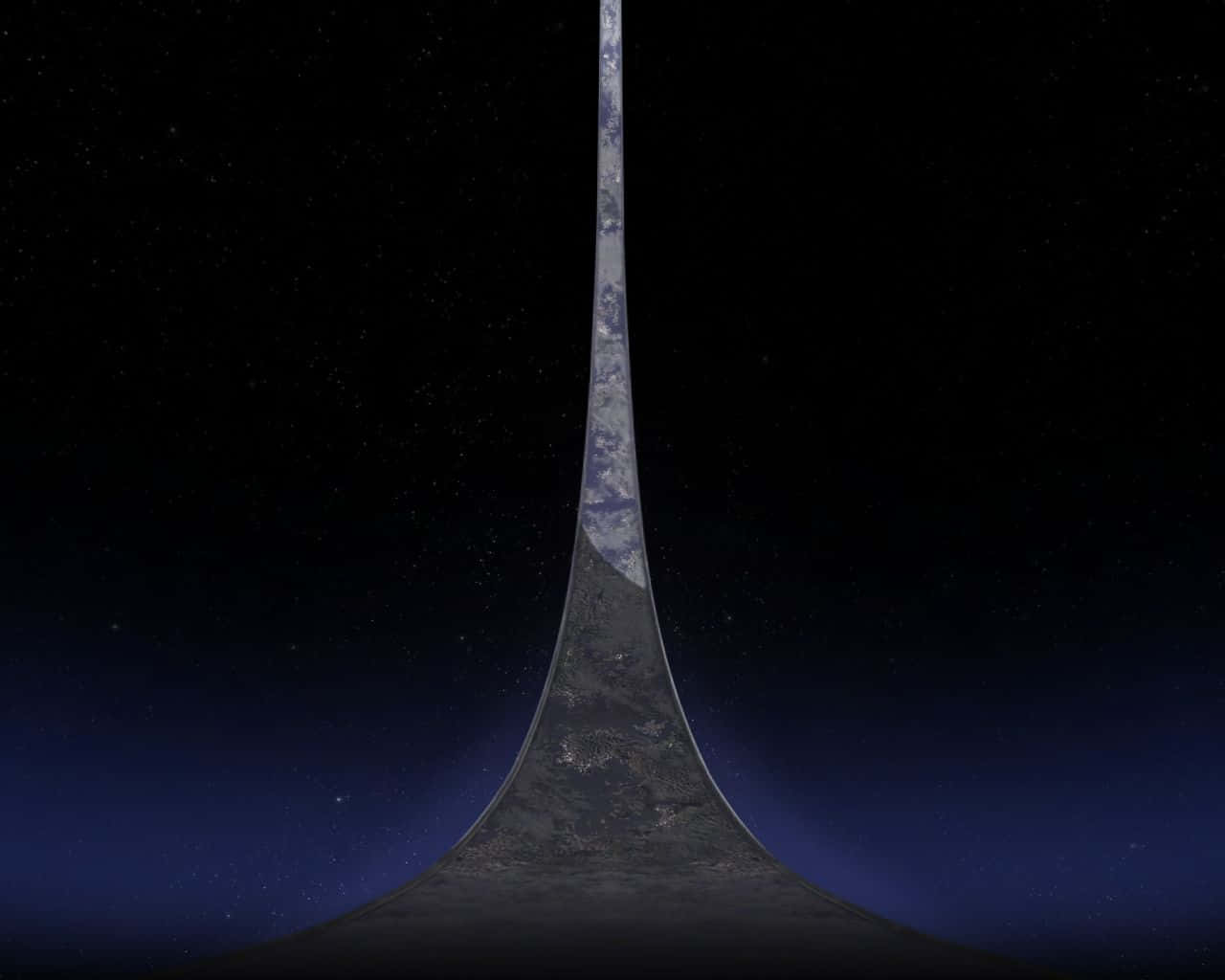 Halo Ring 桌布 壁紙 — 一座高聳狹窄的宇宙尖塔刺穿星空虛空，地球表面沿其彎曲的底部可見。