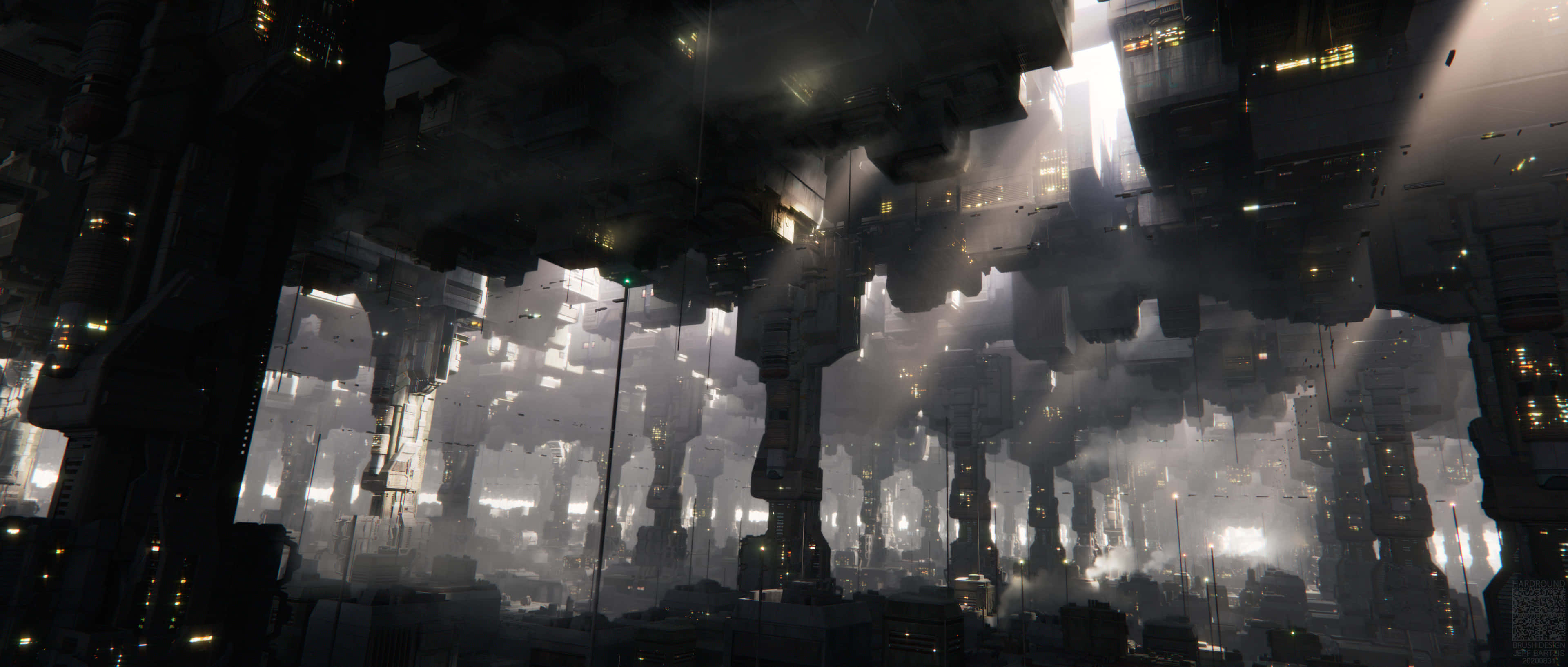 The Coruscant Underworld 桌布 壁紙 — 一座高聳的倒置城市景觀，發光的窗戶穿透迷霧雲層，呈現未來科幻場景。