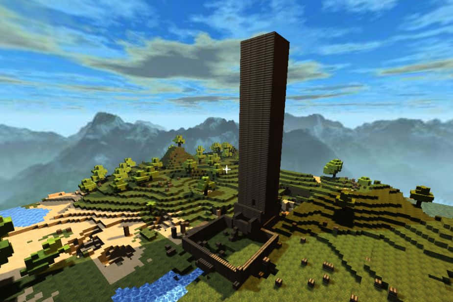 Minecraft Pocket Edition 桌布 壁紙 — 一座高聳的像素化黑曜石巨石從方塊狀的Minecraft景觀中升起，景觀中有起伏的山丘、樹木和遠處的山脈，背景是藍天。