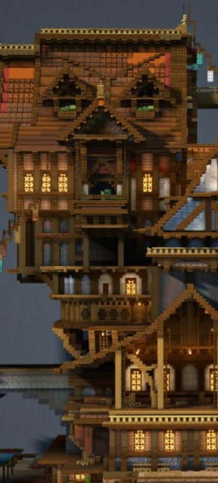 Minecraft Architecture 桌布 壁紙 — 一座高聳的像素藝術木屋，窗戶發光，矗立在暮色天空下。