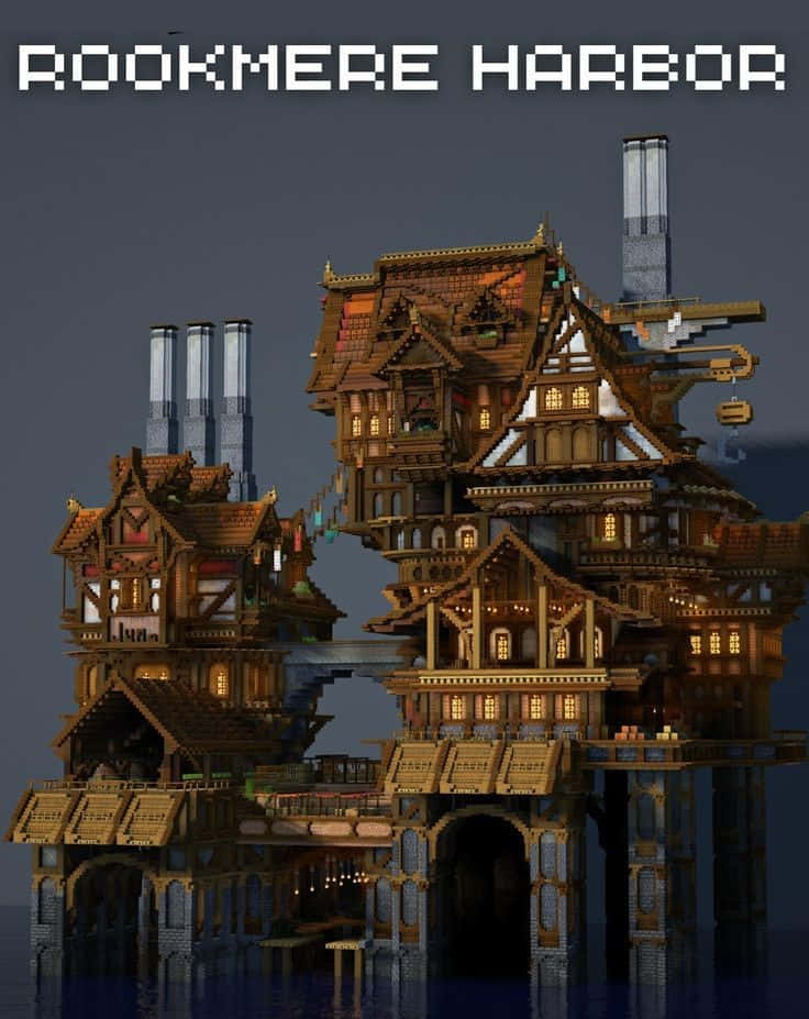 Minecraft Architecture 桌布 壁紙 — 一座高聳的像素藝術港口小鎮，帶有發光的窗戶和複雜的木結構建築，從昏暗的水面升起，背景是黃昏的天空。
