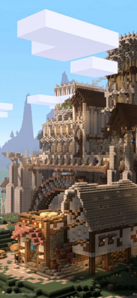 可愛 Minecraft 桌布 壁紙 — 一座高聳的像素風格城堡，擁有木屋頂和石牆，從長滿草的山丘上拔地而起，背景是晴朗的藍天和方塊狀的雲朵。