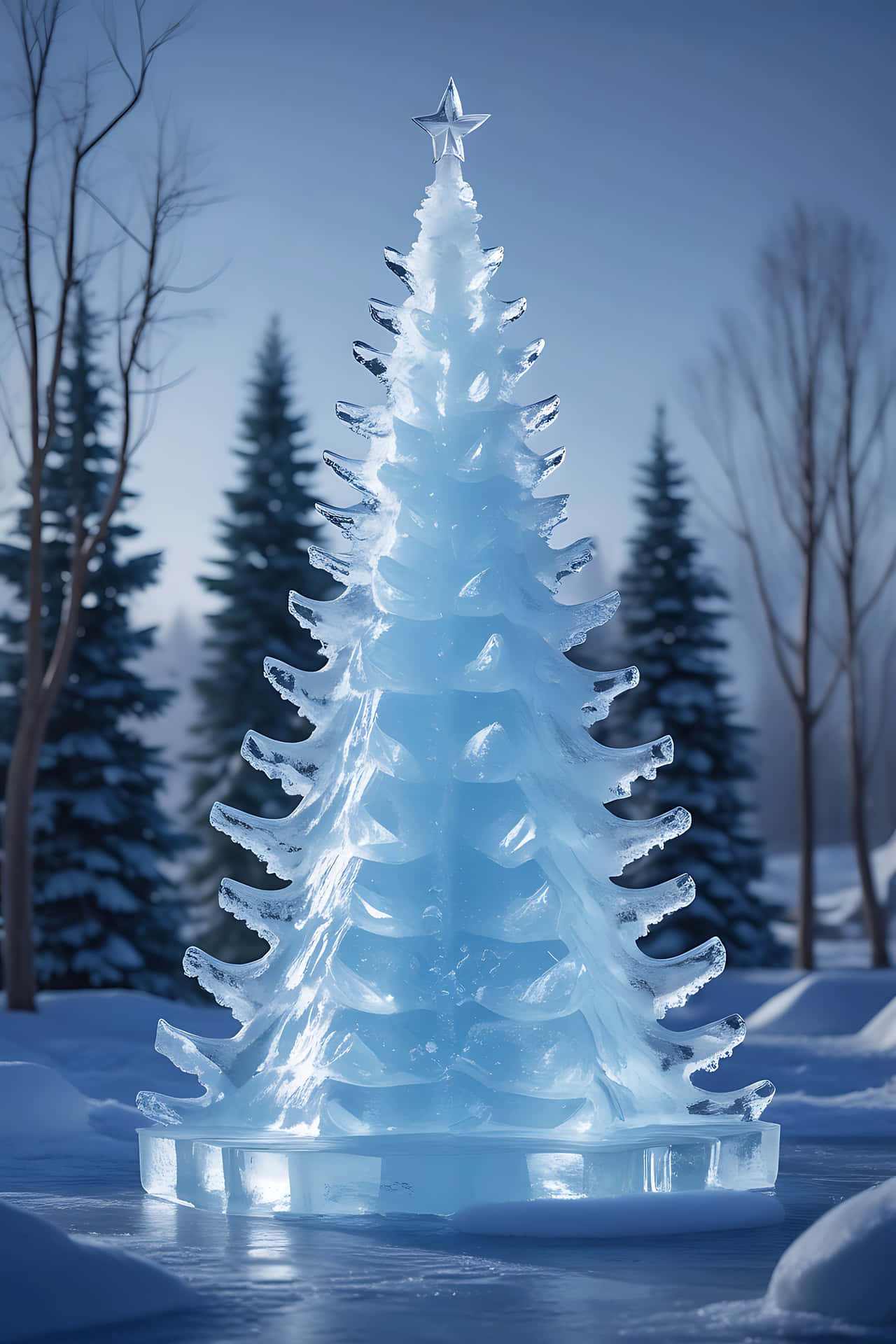 Ice sculpture christmas tree in winter forest 壁紙 — 一座高聳的半透明冰製聖誕樹雕塑在冬日陽光下閃閃發光，頂端有一顆星星，背景是白雪覆蓋的森林和光禿禿的樹木。