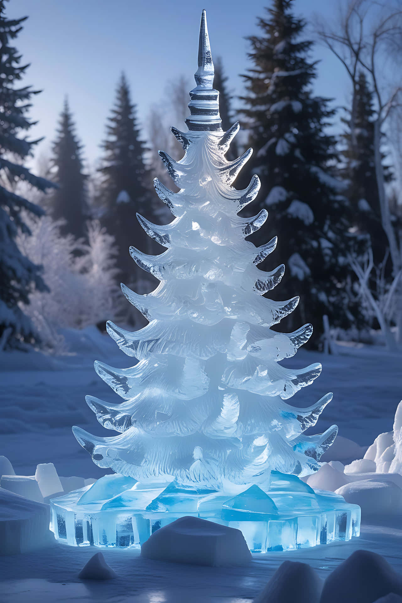 Elegant ice sculpture in winter forest 壁紙 — 一座高聳的半透明冰雕，形狀像聖誕樹，在雪地森林背景下發出內部藍光。