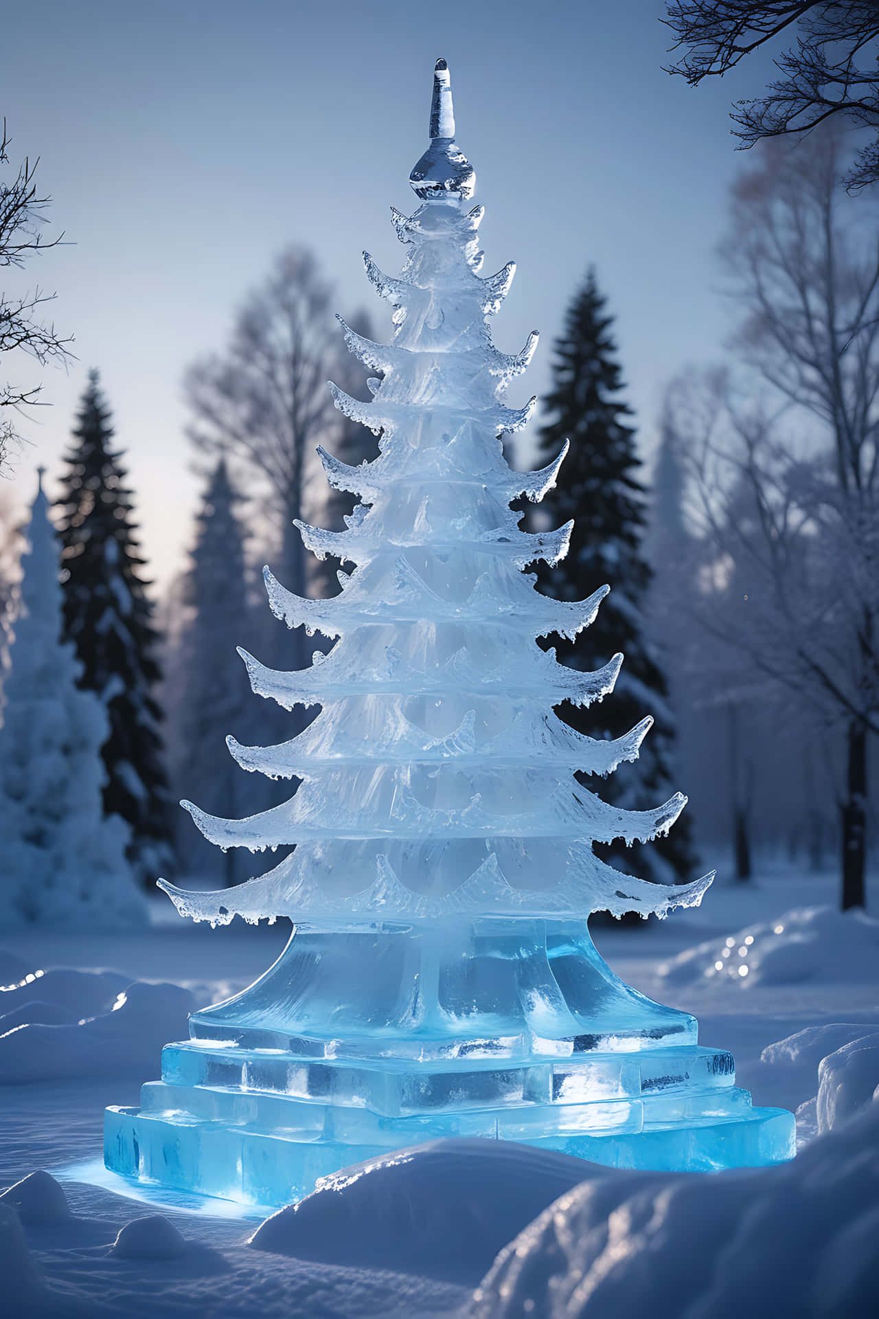 Illuminated ice christmas tree in winter forest 壁紙 — 一座高聳的半透明藍色冰雕，形狀像聖誕樹，矗立在雪地森林中，天空晴朗。