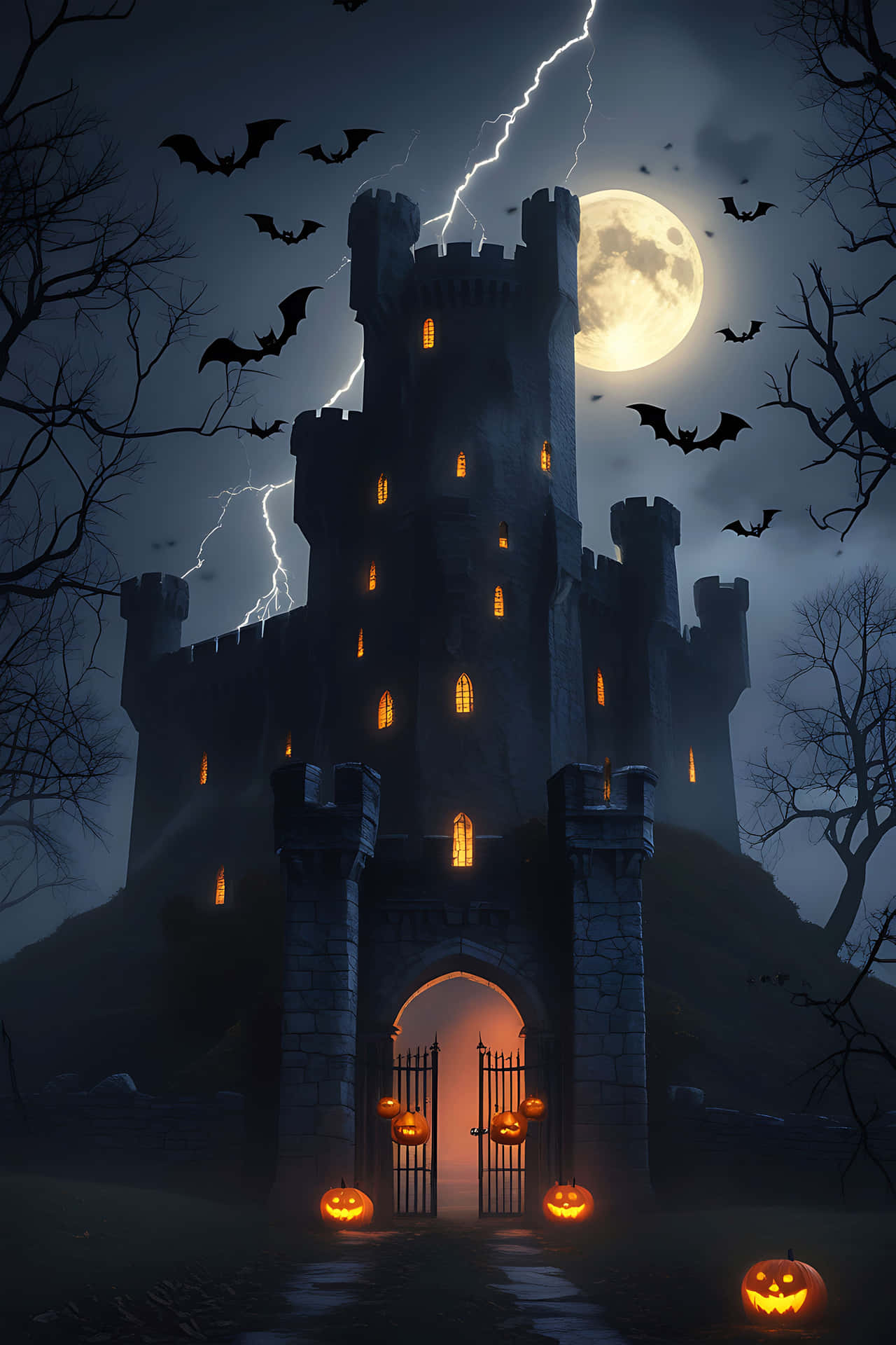 Haunted castle under moonlit sky 壁紙 — 一座高聳的哥德式城堡，窗戶發光，立於滿月和閃電之下，蝙蝠飛舞，傑克南瓜燈照亮小徑。
