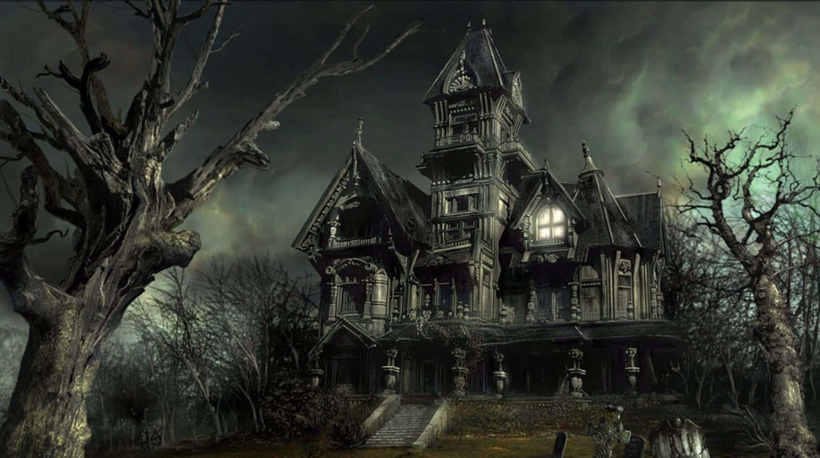 haunted 桌布 壁紙 — 一座高聳的哥德式大宅，窗戶發光，在暴風雨般的綠色天空下，威脅地矗立在光禿禿的樹木之間。