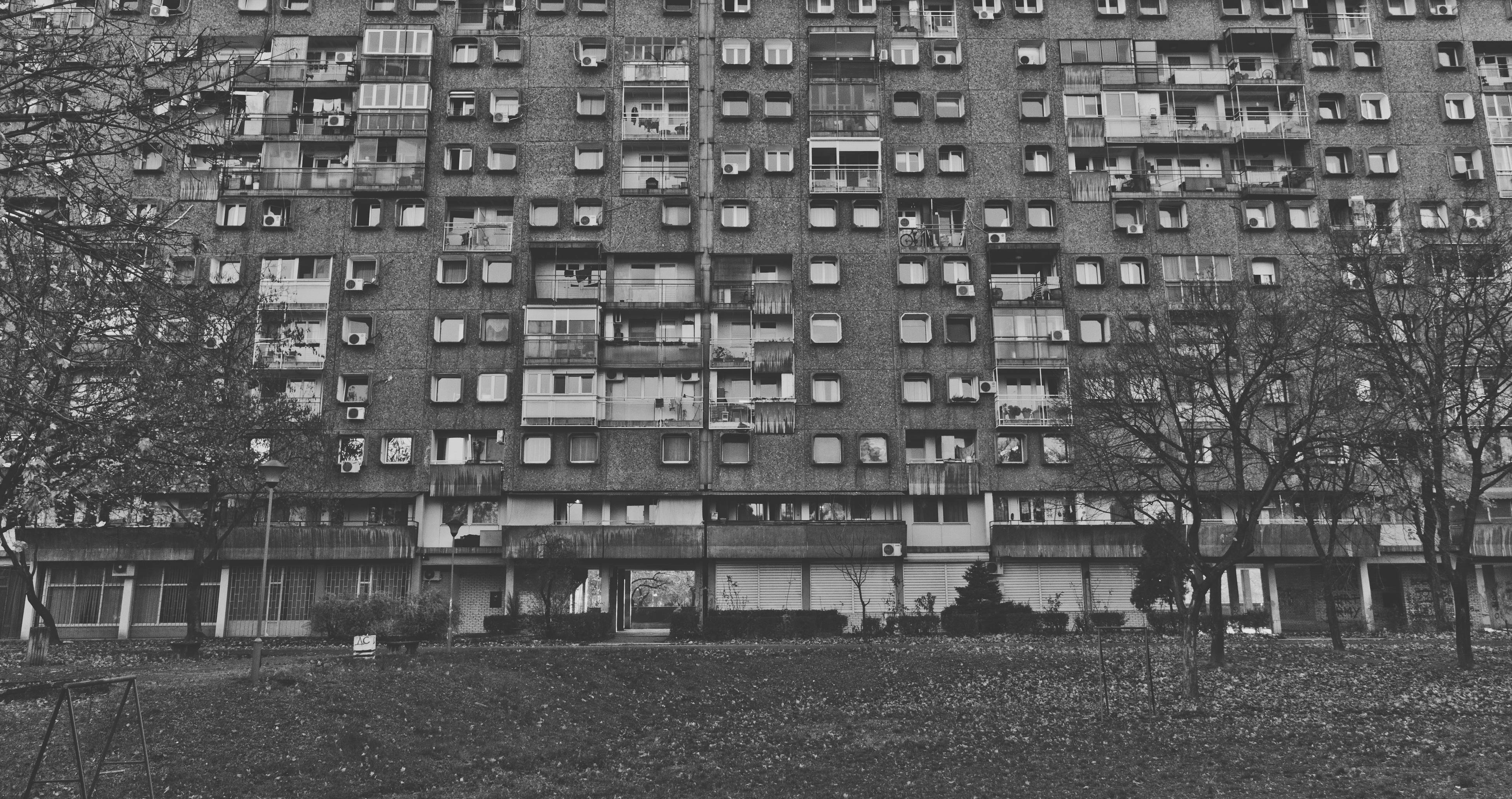 Serbia 桌布 壁紙 — 一座高聳的單色公寓大樓，擁有無數窗戶和陽台，矗立在光禿禿的樹木和草地前景之後。