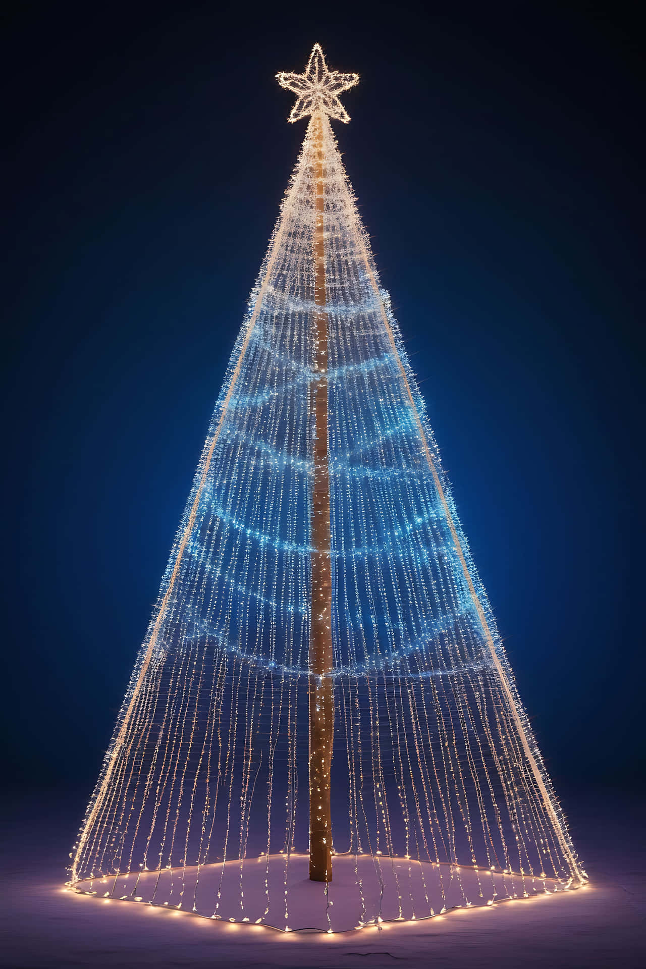 Illuminated christmas tree at night 壁紙 — 一座高聳的圓錐形燈光雕塑，飾以層疊的暖白色和藍色串燈，頂部有一顆發光的星星，背景是深藍色的夜空。