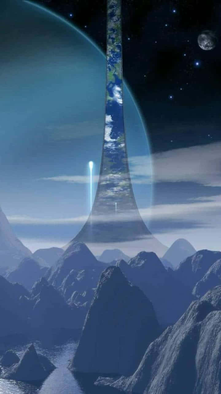 Halo Ring 桌布 壁紙 — 一座高聳的巨石柱刺穿星空，聳立在鋸齒狀的山脈之上，背景中有一顆行星和月亮。