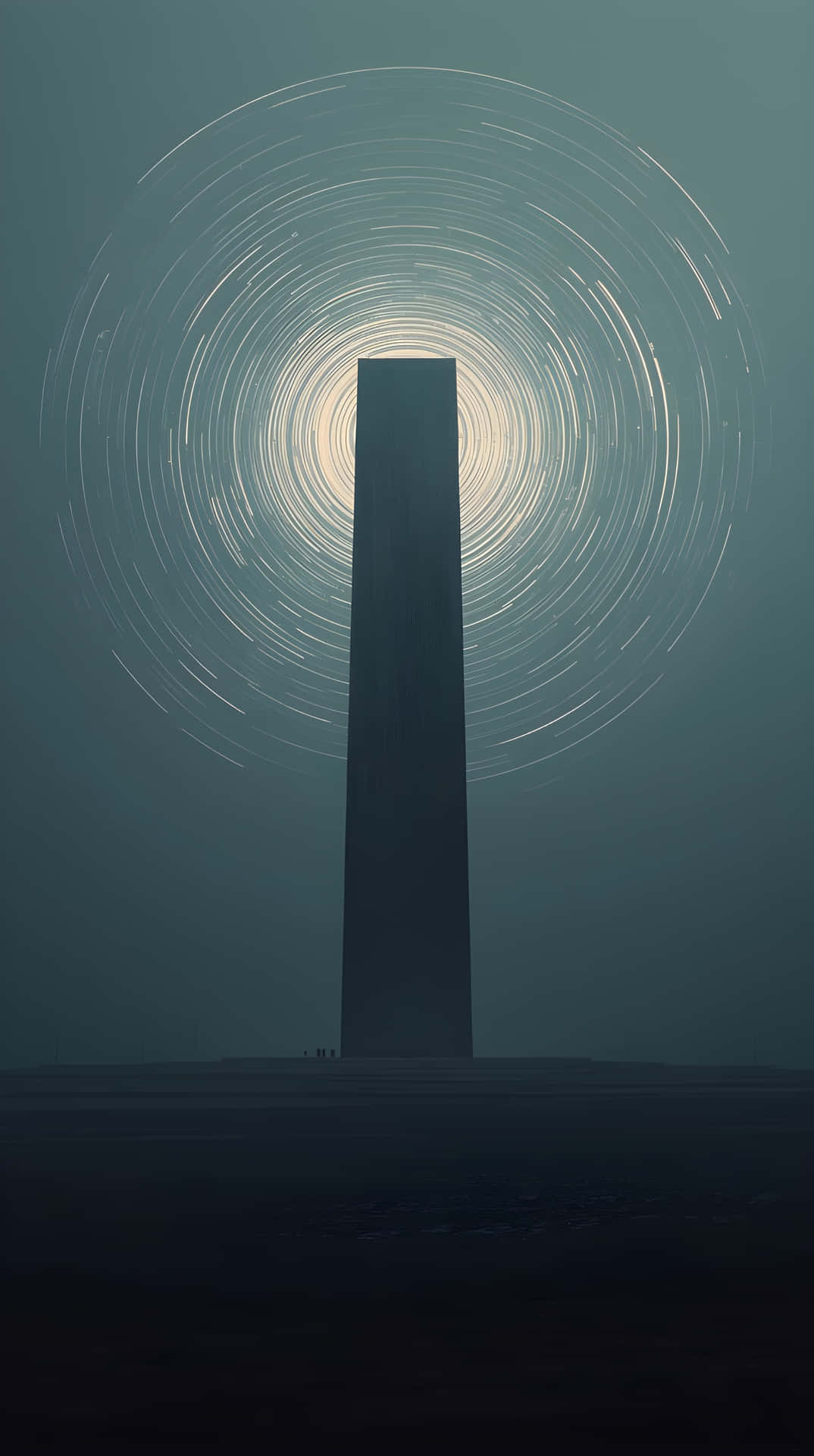 高聳的巨石柱與青綠色和灰色夜空中的旋轉星軌 — 科幻 壁紙