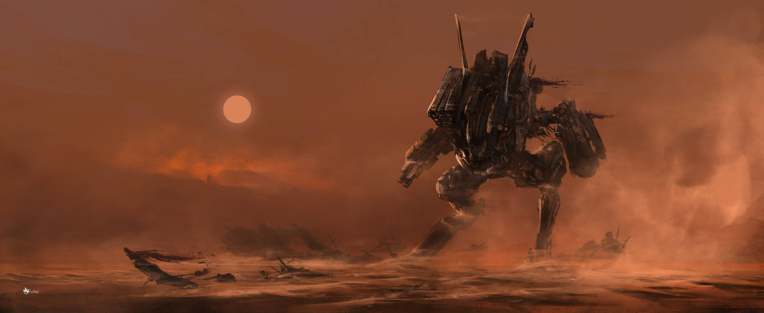 Sci Fi Landscape 桌布 壁紙 — 一座高聳的戰爭機器在塵土飛揚的外星荒地上大步前行，頭頂是熾熱的橙色太陽。