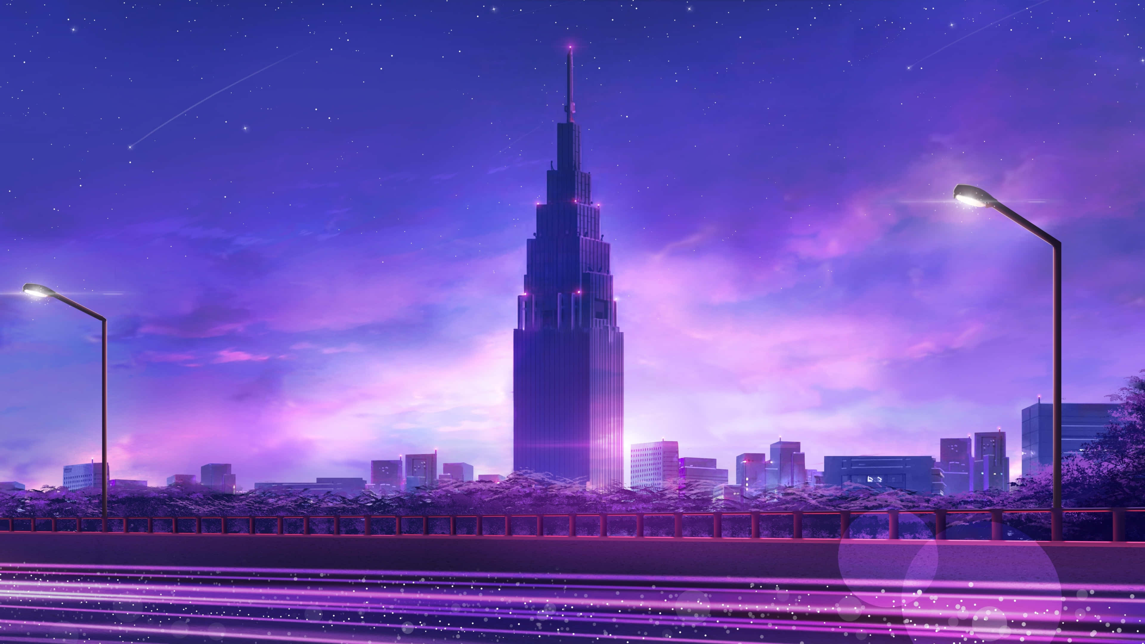動漫 桌布 壁紙 — 一座高聳的摩天大樓在充滿星星和繁忙城市街道光跡的 vibrant 紫色暮光天空下閃耀。