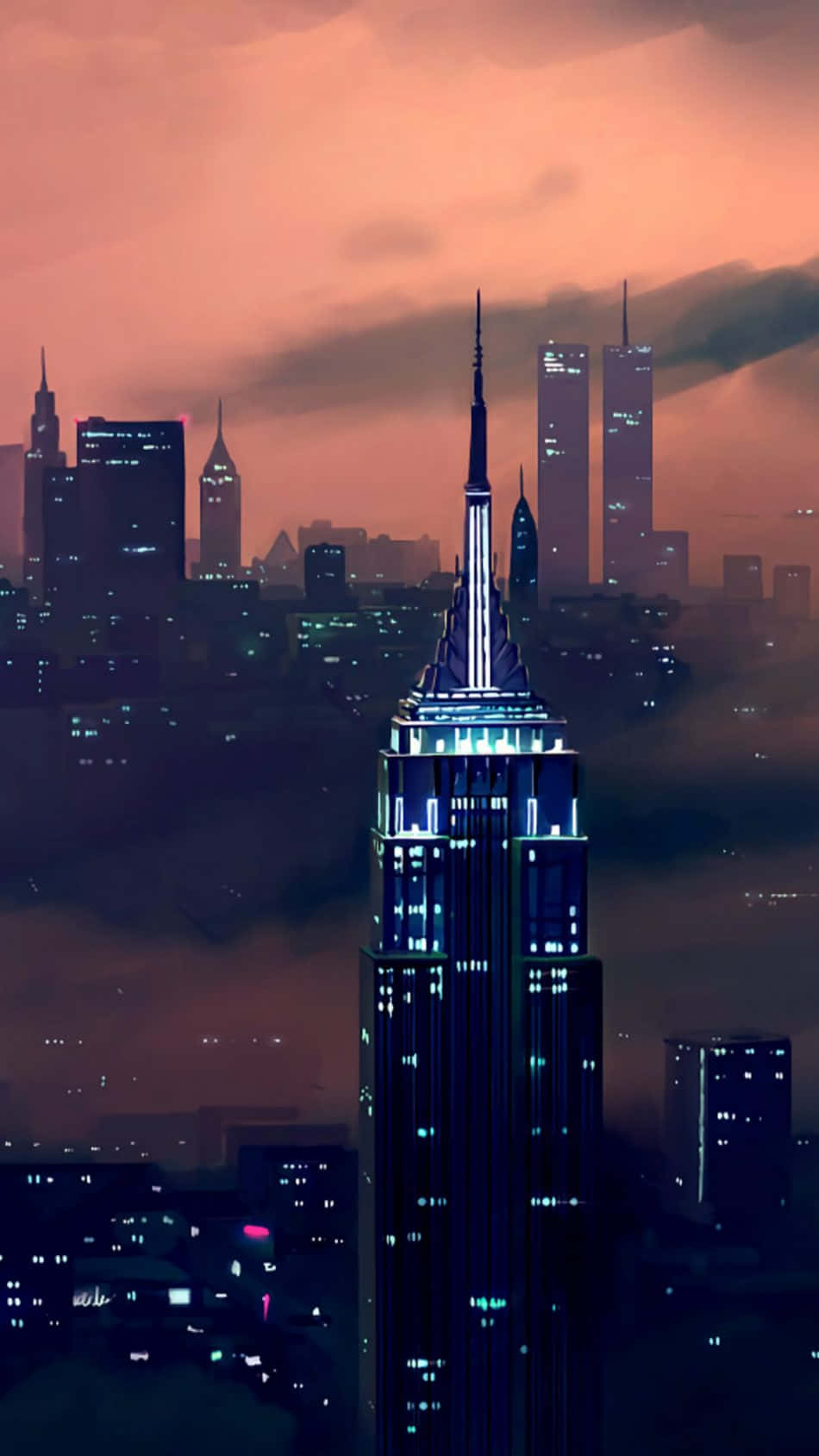 New York City 4K Ultra HD 桌布 壁紙 — 一座高聳的摩天大樓在昏暗的橙色天空下發出藍光，城市的燈光在下方閃爍。